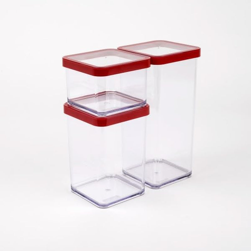 Rotho Loft sada 5 skladovacích dóz s víkem, různé velikosti, potravinářský plast (PP) bez BPA, čirý/červený, (21,4 x 21,4 x 23,5 cm) Naty Shop boxy na skladování potravin Sada 3 ks (1 x 0,5 l + 1 x 1,0 l + 1 x 1,5 l)