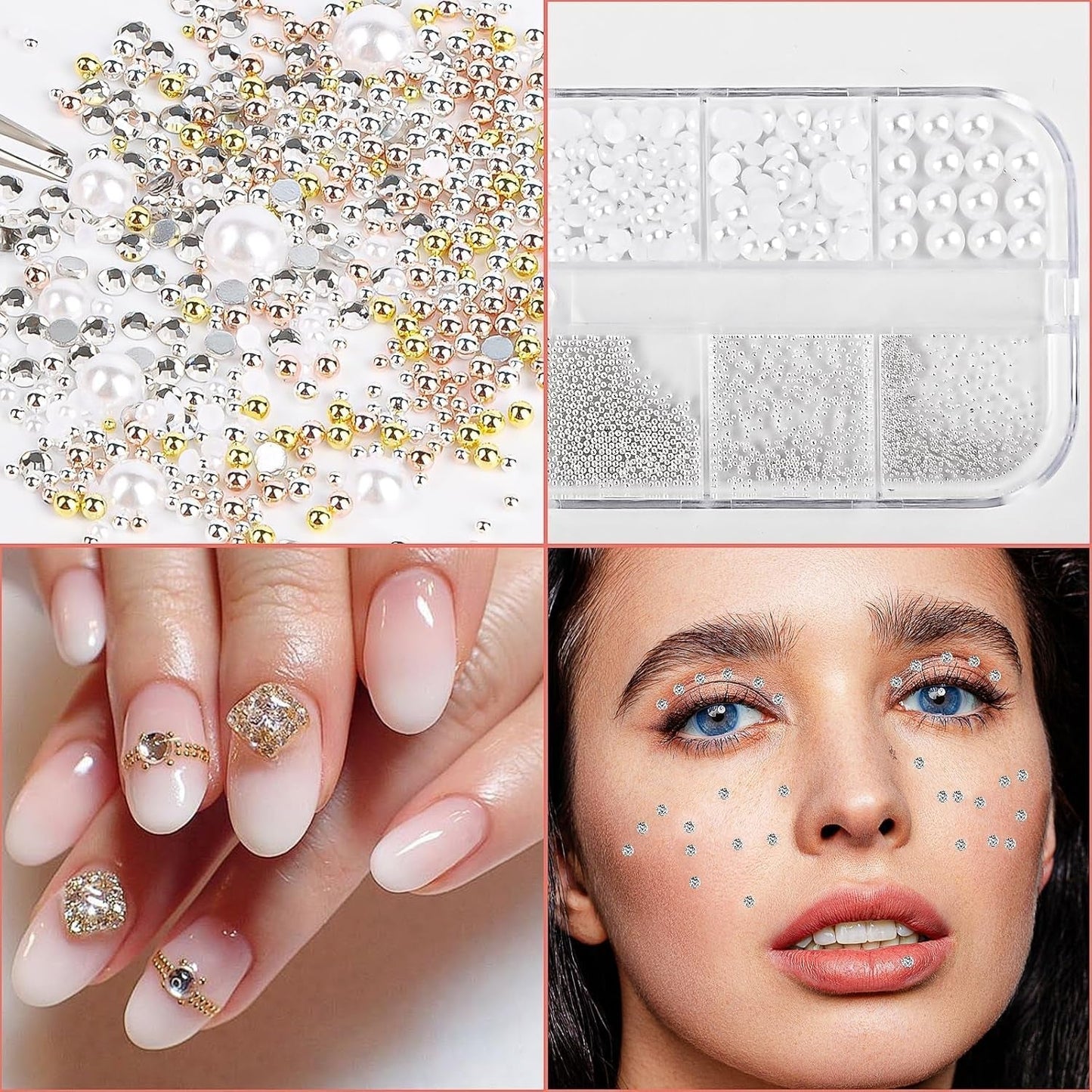 2 Boxen Nail Art Strasssteine, Pinzeta Nägel Flatback Perlen Nail Charms Mit Křišťálové Nagelzubehör Diamanten Edelstahl-Perlen Für Nagelschmuck