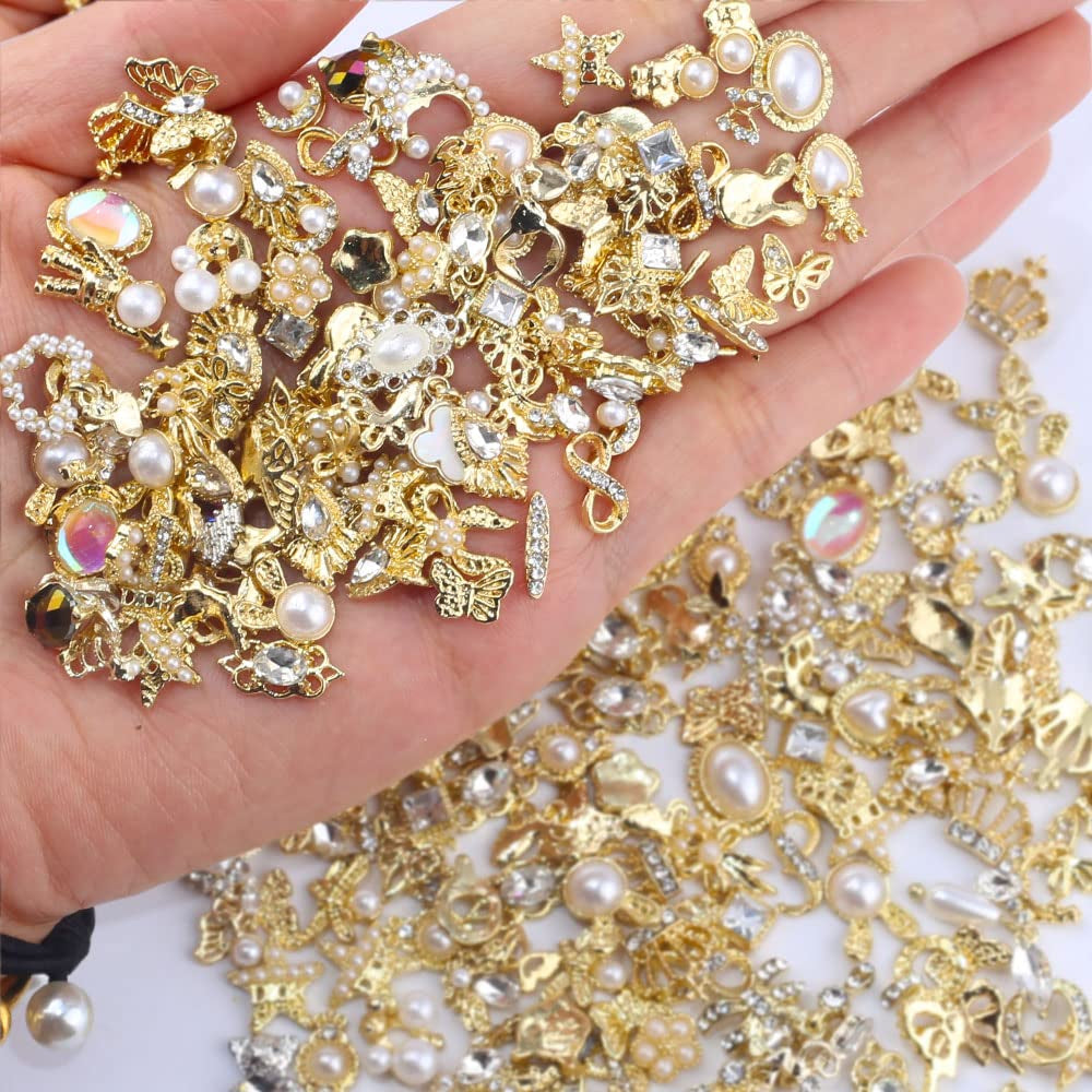 50 zlatých přívěsků na nehty Stück, mix stylů Glitzersteine ​​Nägel Perle Legierung Nagel Steine ​​​​Blume Schmetterling Strasssteine ​​​​Nägel Herz Stern Nagel Charms DIY Nail Art Zubehör Frauen Nägel Deko