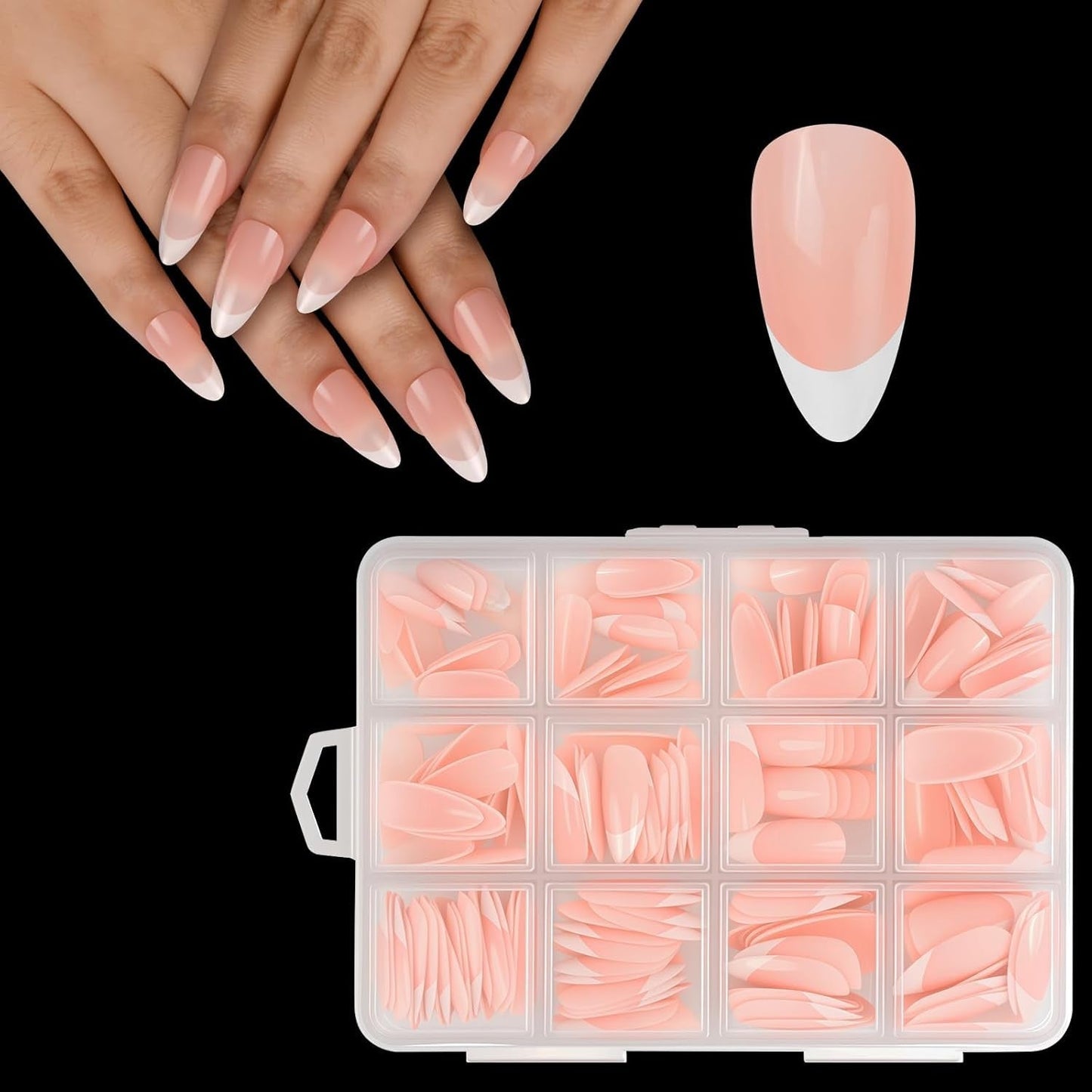 Sada 240 kusů umělých nehtů, French Press na umělé nehty, Press On French Neht, 12 velikostí, umělé nehty s lepidlem pro ženy a muže (Nude White Medium Mandle)