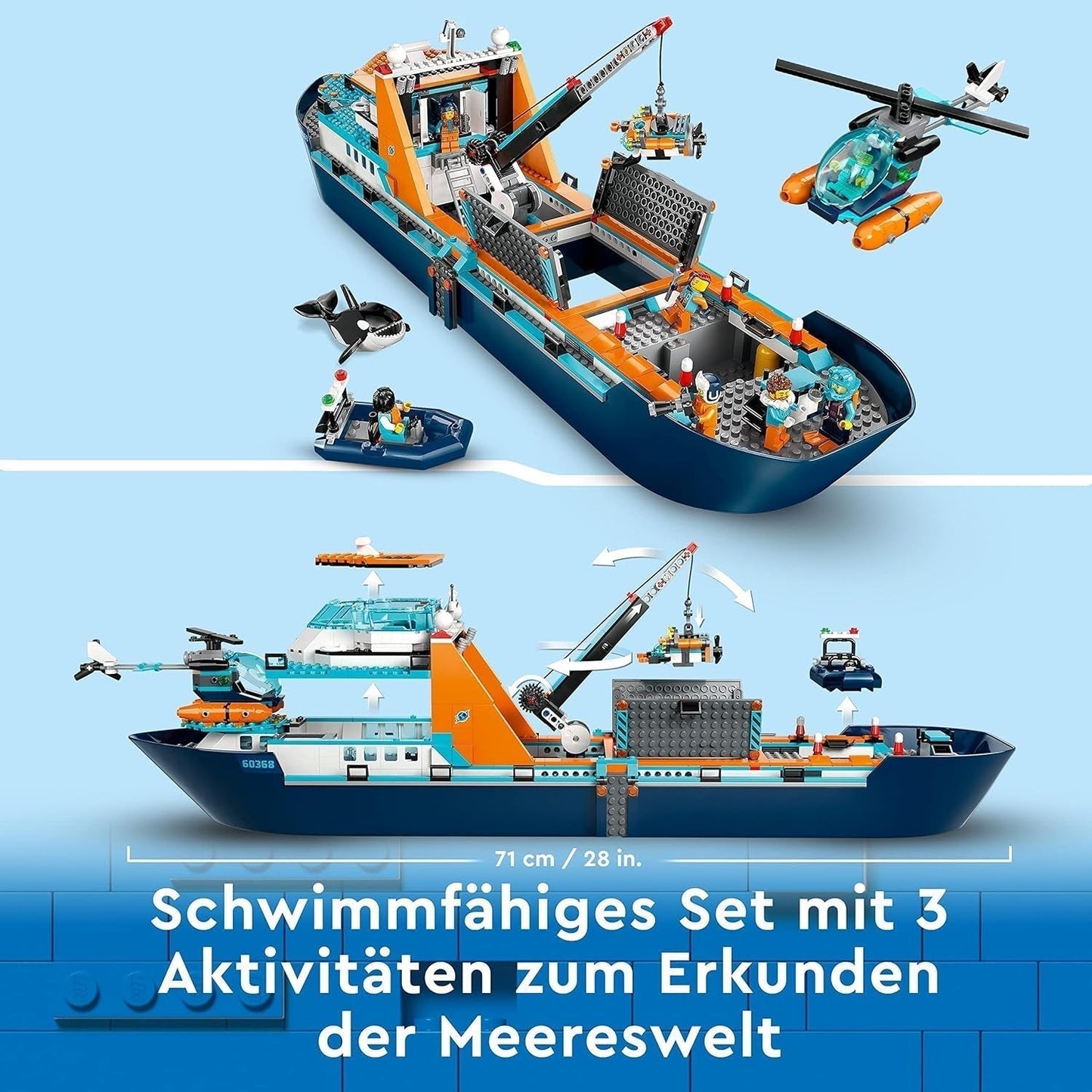 Arktická výzkumná loď LEGO City, velký plovoucí člun s helikoptérou, nafukovací člun, ponorka Rov, vrak vikinga, 7 minifigurek a figurka orky, dárek pro děti starší 7 let 60368 Stavebnice Besuche den LEGO-Store