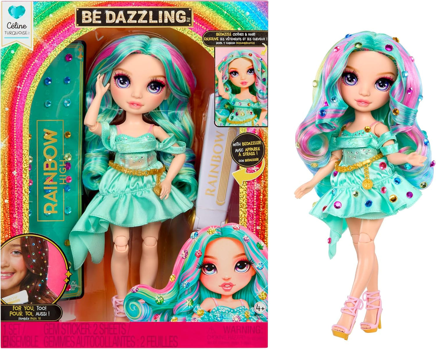 Módní panenka Rainbow High Be Dazzling - Celine Turquoise - modrozelená, 28 cm, s nástrojem na zdobení, třpytivými drahokamy a stylingovými doplňky