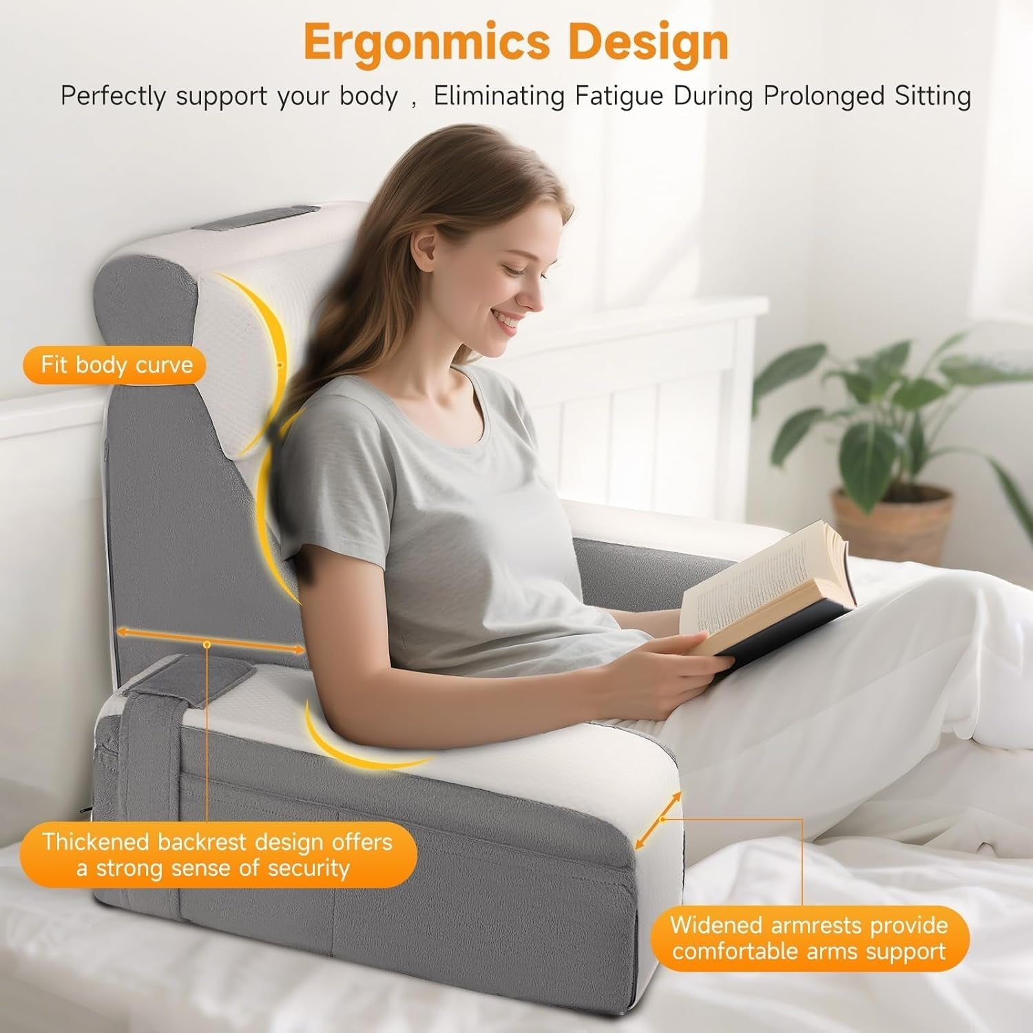 Velký polštář na čtení s odnímatelnou oporou krku a područkami, zádový polštář do postele, ergonomický zádový polštář s paží, kapsou a pratelným potahem na čtení a sledování televize.