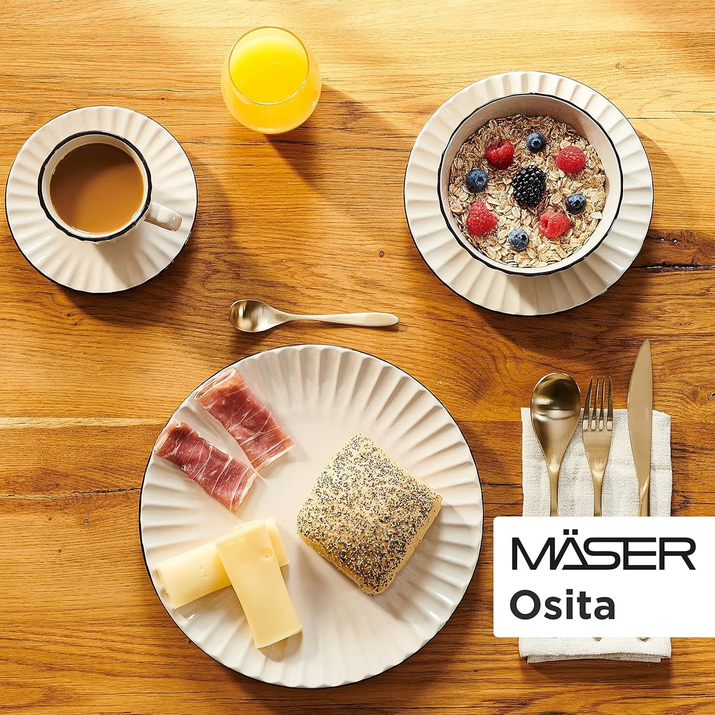 MÄSER 931967 Osita Retro Series 6členná sada vlnitého nádobí, 18dílná sada kulatého nádobí, jídelní talíře, dezertní talíře a cereální misky, keramické, krémově bílé
