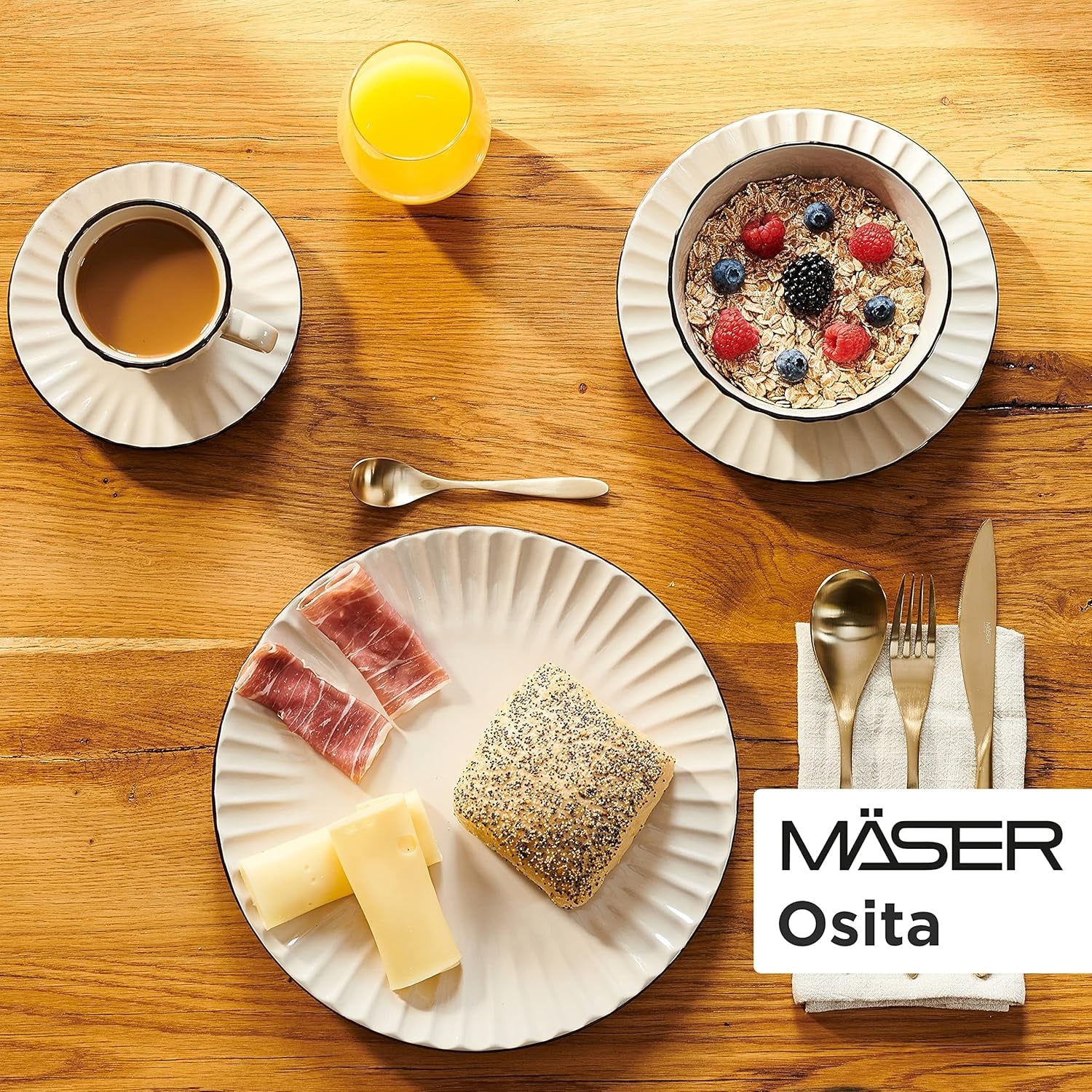 MÄSER 931967 Osita Retro Series 6členná sada vlnitého nádobí, 18dílná sada kulatého nádobí, jídelní talíře, dezertní talíře a cereální misky, keramické, krémově bílé