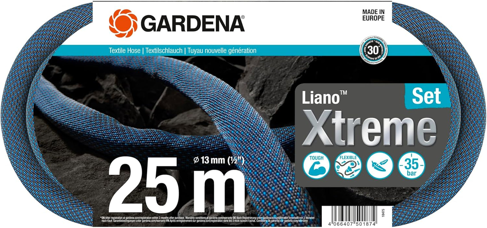 Sada Gardena Liano Xtreme 1/2 palce 25m: Extrémně robustní textilní zahradní hadice s lehkou vnitřní hadicí z PVC odolnou vůči povětrnostním vlivům (18475-20)
