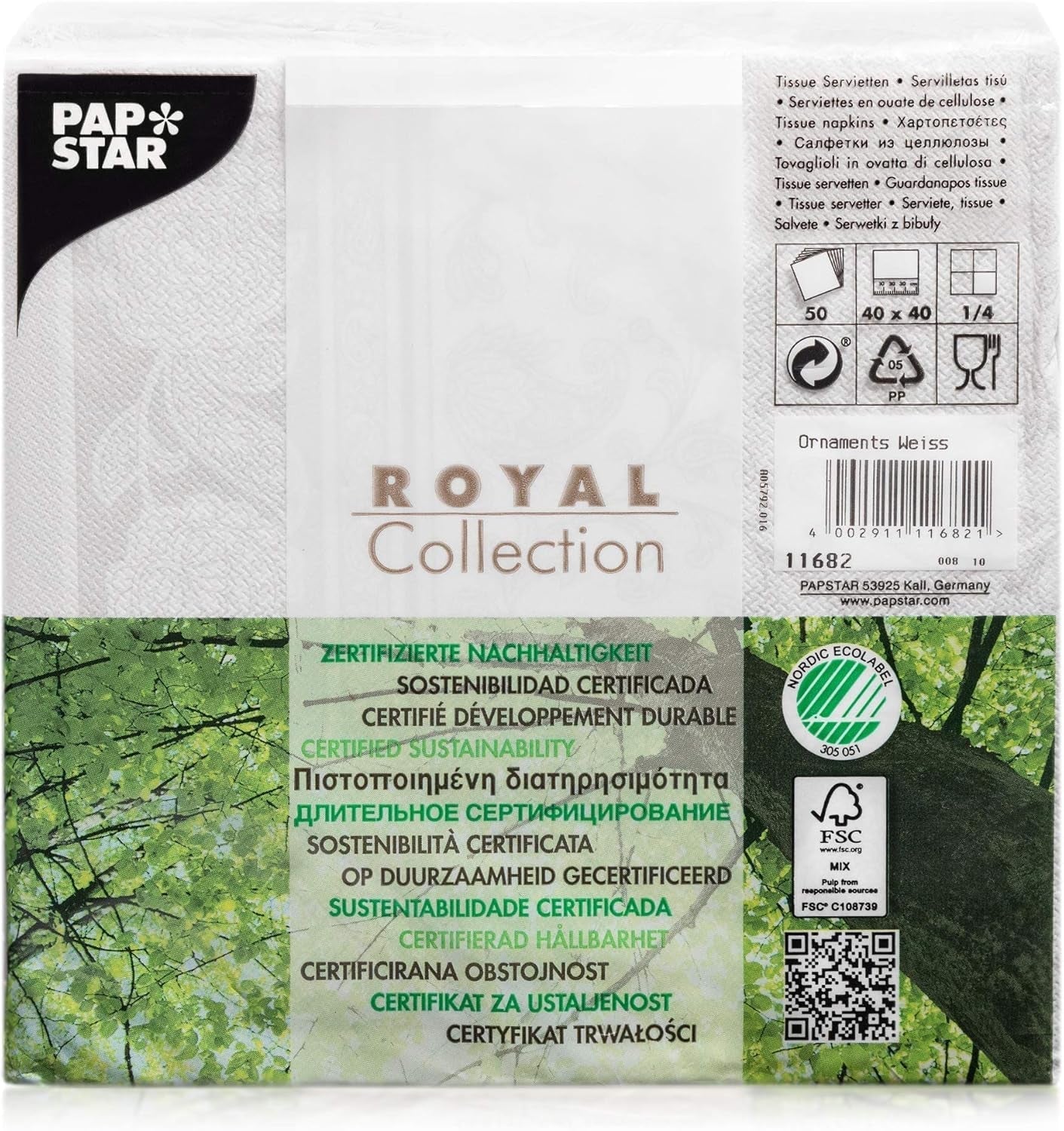Papstar 11682 50 ubrousků "Royal Collection" 1/4 přeložení 40 X 40 cm "Ornaments", bílé