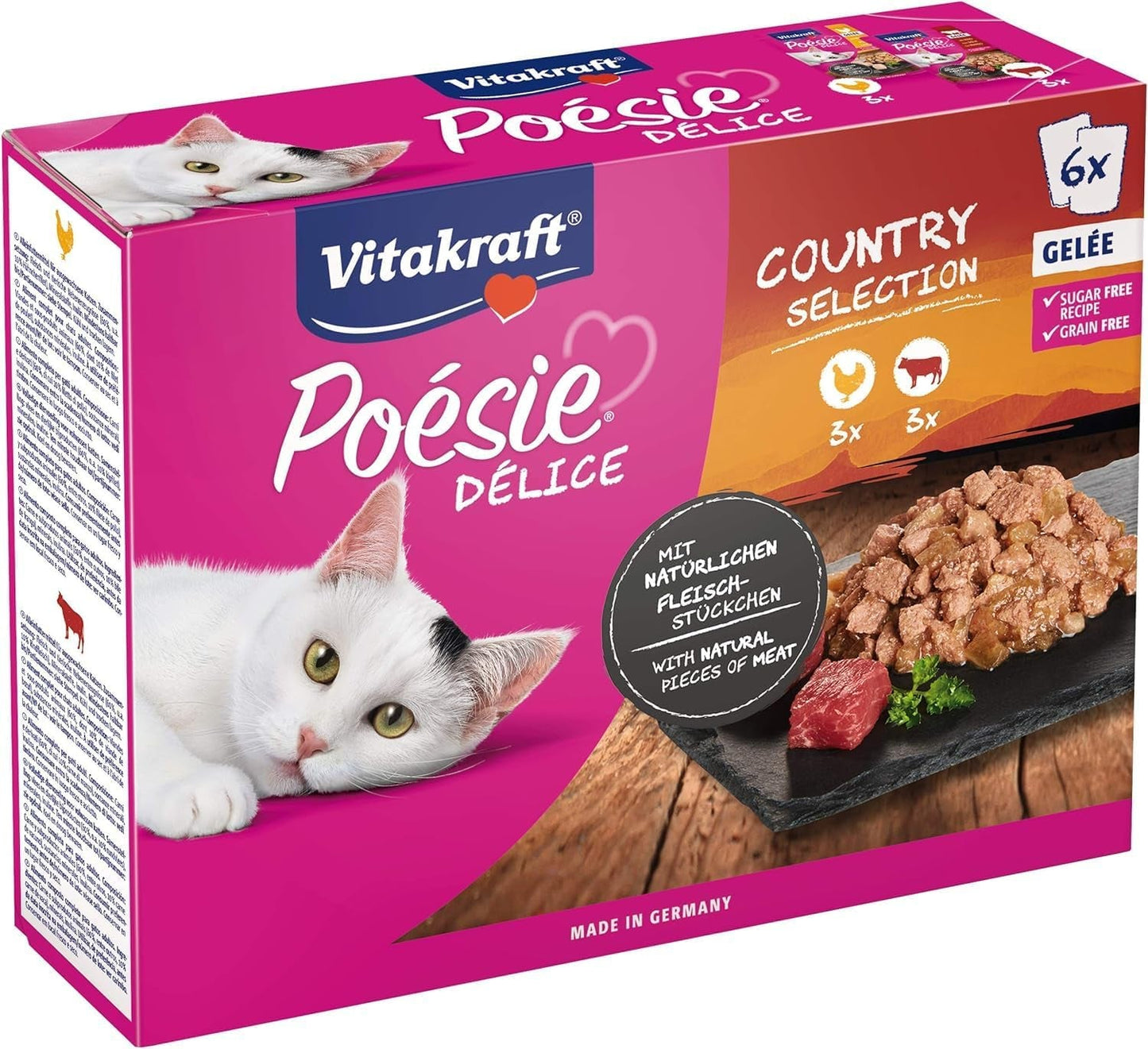 Vitakraft Poésie Délice, Country Selection, Nassfutter Katze, Katzennassfutter Gelee, s kuřecím masem, s hovězím masem (1 balíček s 6x 85g)