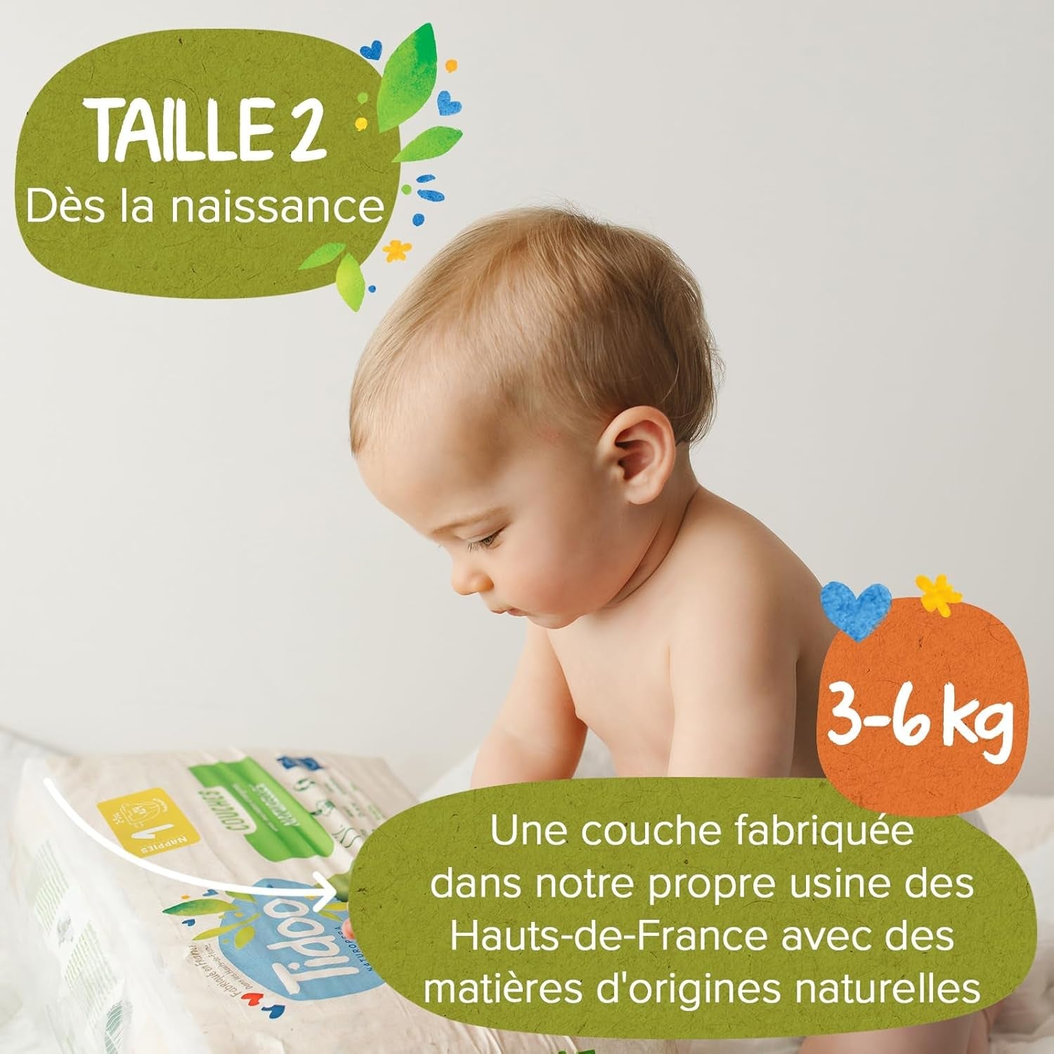 - Ökologische Diadeln, Größe 2 (3-6 kg) – natürlicher Ursprung, ohne Schadstoffe – 12 Stunden trocken, extrem saugfähig – hermestellung ve Francii – 150 Einwegdiadeln – Packung 1 měsíc