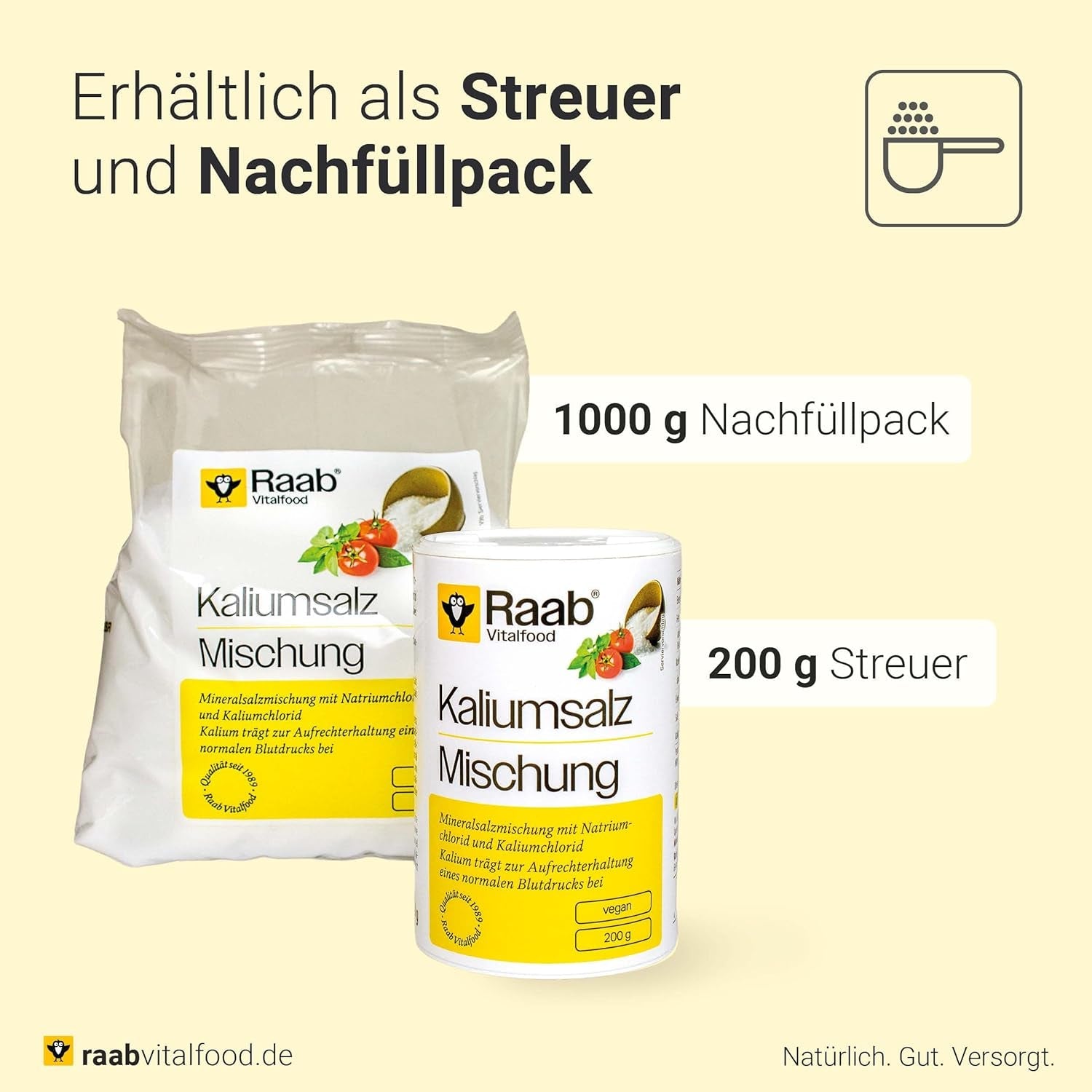Raab Vitalfood Kalium salt-Mischung, Mineralsalzmischung mit 66,7% Natriumchlorid (Kochsalz) and 33% Kaliumchlorid, Kalium trägt zur Aufrechterhaltung eines normalen Blutdruck bei (1 x 200 g Dávka)