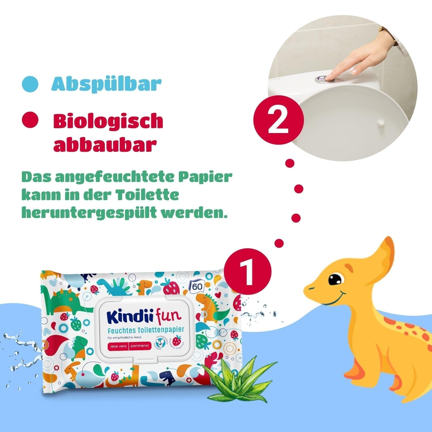 Kindii Fun Wet Toalet Paper - (10X60 kusů) Wet Toalet Paper - Heřmánek, Aloe Vera, Ph-neutrální, voděodolný, Osvěžuje intimní oblast - 600 kusů