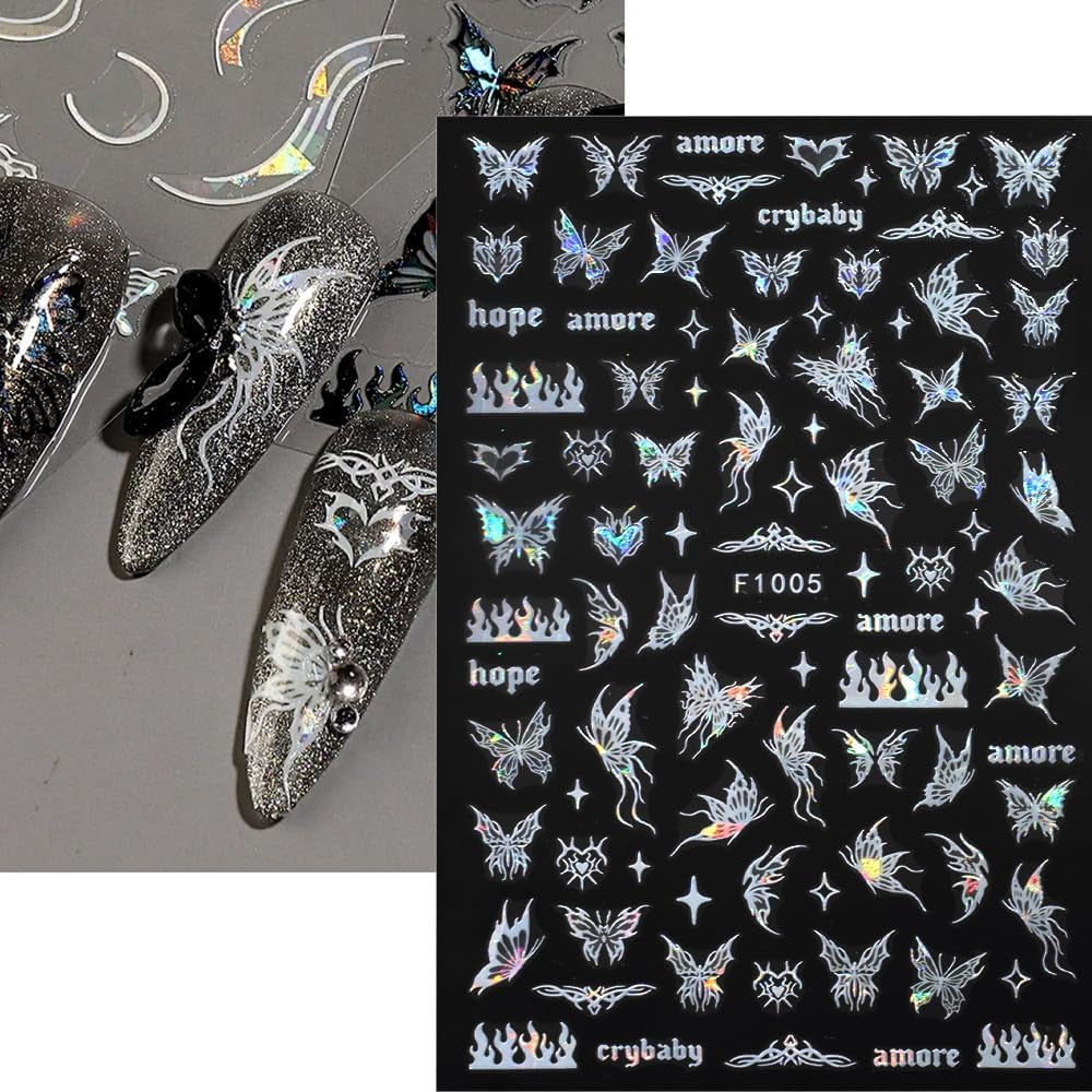 4 Blätter Holographisch Laser Weiß Schmetterling Nálepka na nehty,Y2K Aurora Schmetterlinge Stern Nálepka na nehty 3D Flamme Herz Nageldesign Nálepka na nehty Selbstklebend Nagel Nálepka Nagel Zubehör Nail Art