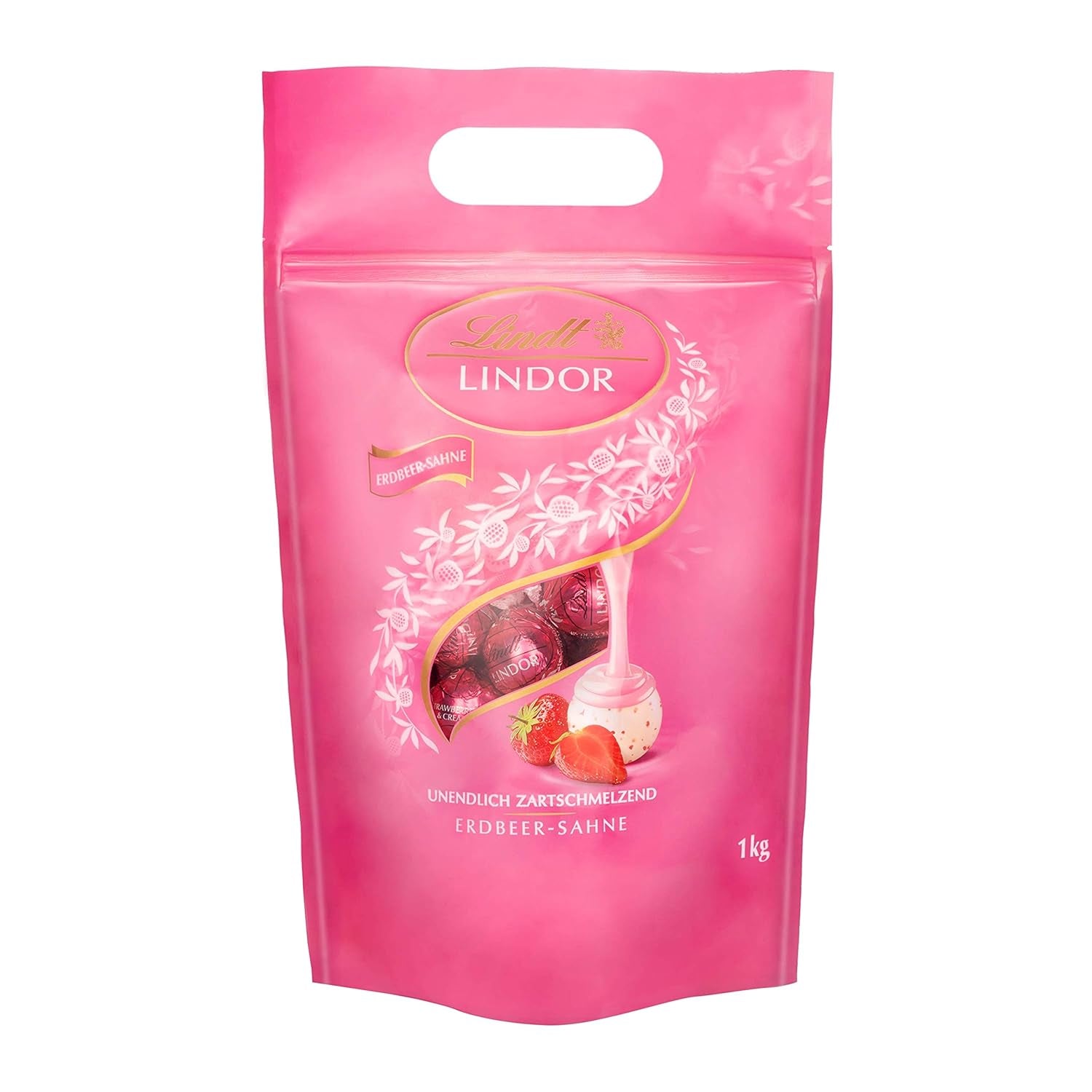 Čokoládová směs LINDOR | 1371 g | Přibl. 109 kuliček: Mléčná čokoláda a kuličky LINDOR s jahodovým krémem | 1 kg pytel, cca. 80 čokoládových kuliček bílá čokoláda s jahodovým krémem
