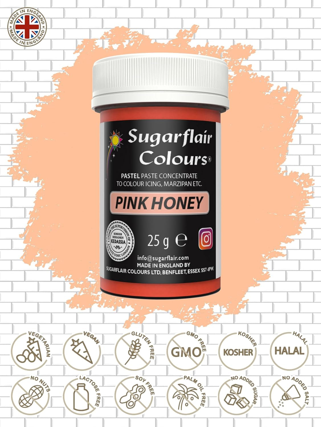 Sugarflair Pastel Pink Honey Food Coloring Paste - Vysoce koncentrovaná pro použití s ​​máslovým krémem, cukrovou pastou, královskou polevou nebo směsí na dorty, zářivé potravinářské barvivo - 25 g