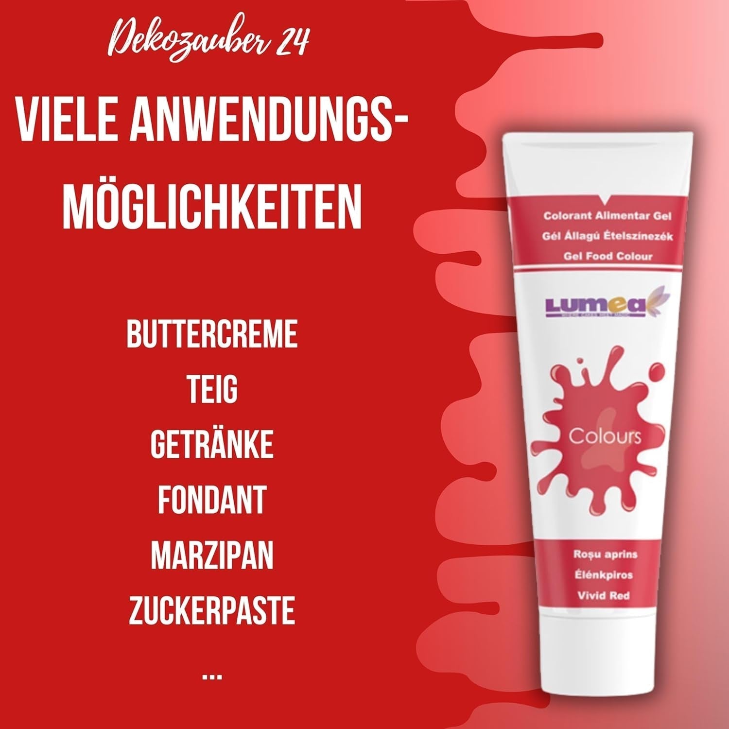 Dekozauber 24 červená potravinářská barva, gel, 30 g, veganská, bez cukru, vysoce koncentrovaná, červená potravinářská barva na fondant, máslový krém, nápoje a další