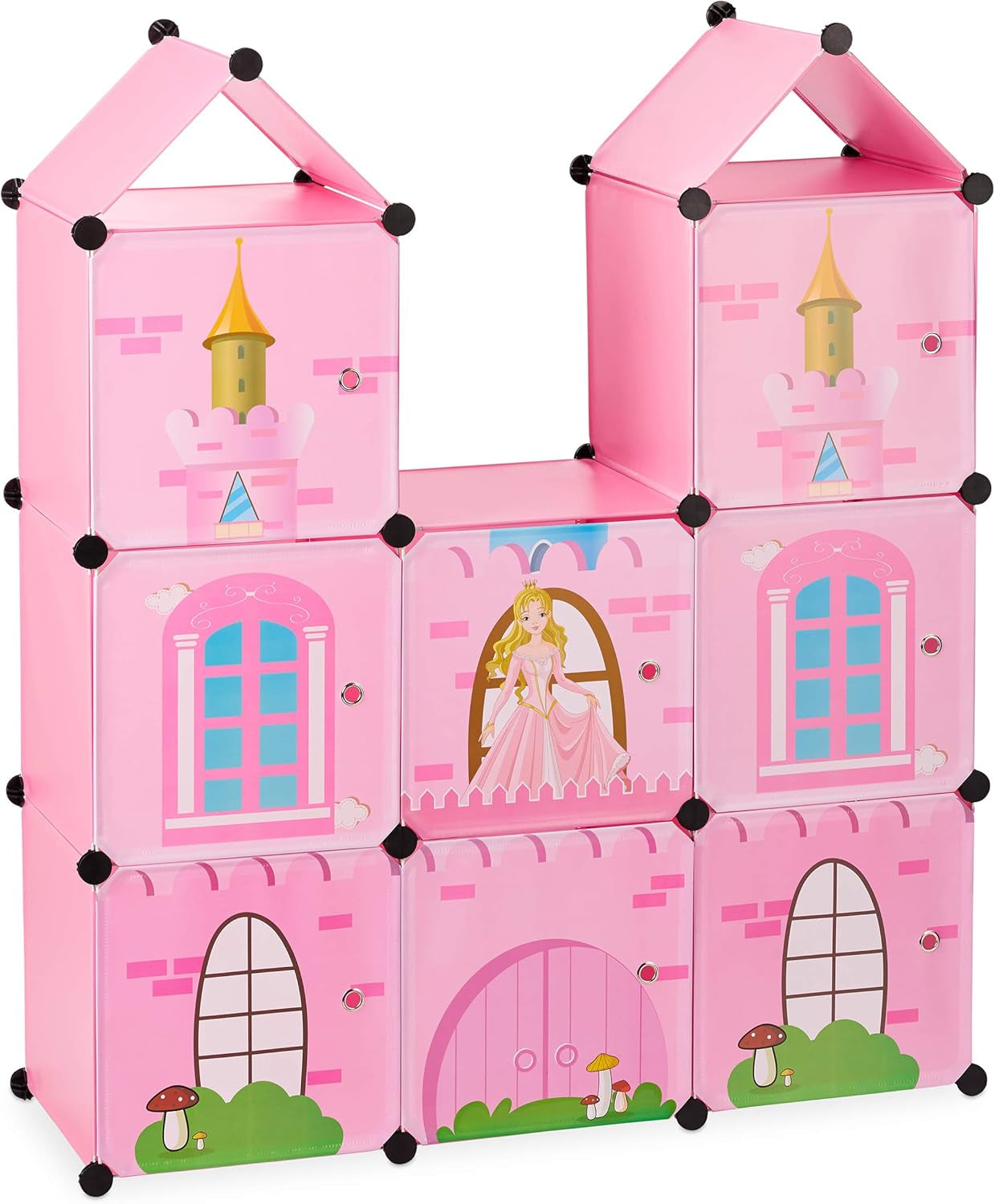 Modulová polička Relaxdays do dětského pokoje, design princess castle, plast, DIY skříňka s dvířky, HL: 128 x 110 x 37 cm, růžová