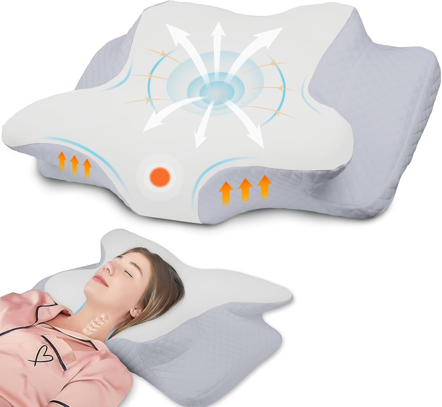 NVKHG polštář z paměťové pěny Ergonomický polštář na hlavu polštář na krk, polštář na hlavu z paměťové pěny pro boční, zádový a žaludeční spánek pro zlepšení kvality spánku, 60 x 41 x 13/11 cm krční ortopedické polštáře Naty Shop šedá bílá