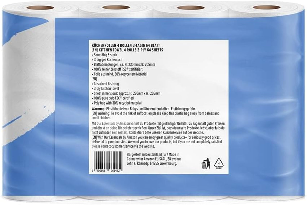 Od Amazon Kitchen Roll, 3 vrstvy, 16 rolí (4 role, balení po 4), 64 listů na roli, certifikace Fsc