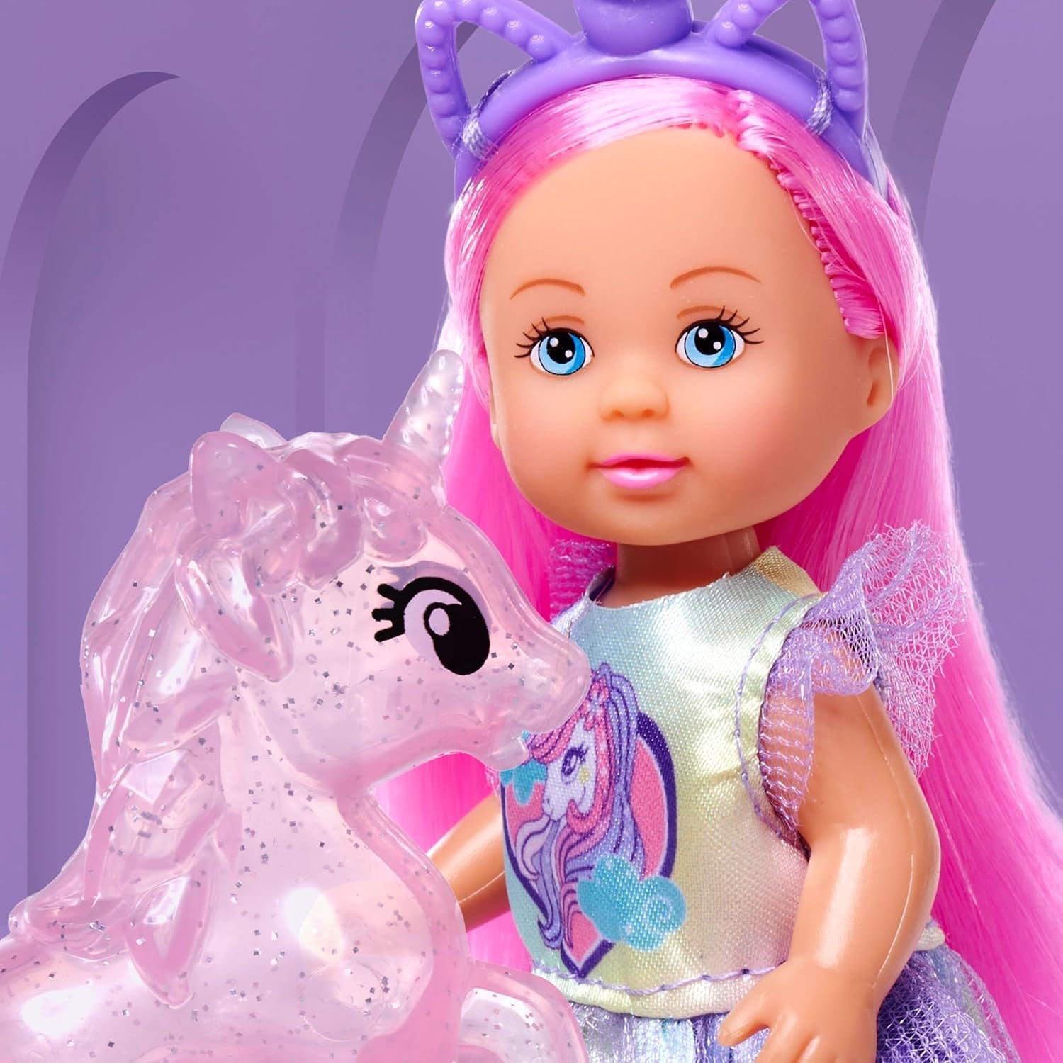 Hrací panenka Simba Evi Love Unicorn v roztomilých šatech s jednorožcem se sladěnou čelenkou, včetně jednorožce se stájí, jablka a láhve na pití, 12 cm, věk 3+