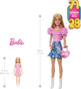Módní panenka Barbie 71cm blondýnka s odepínacím oblečením Růžová top džínová sukně Kovbojské boty náhrdelník a kabelka HYT84