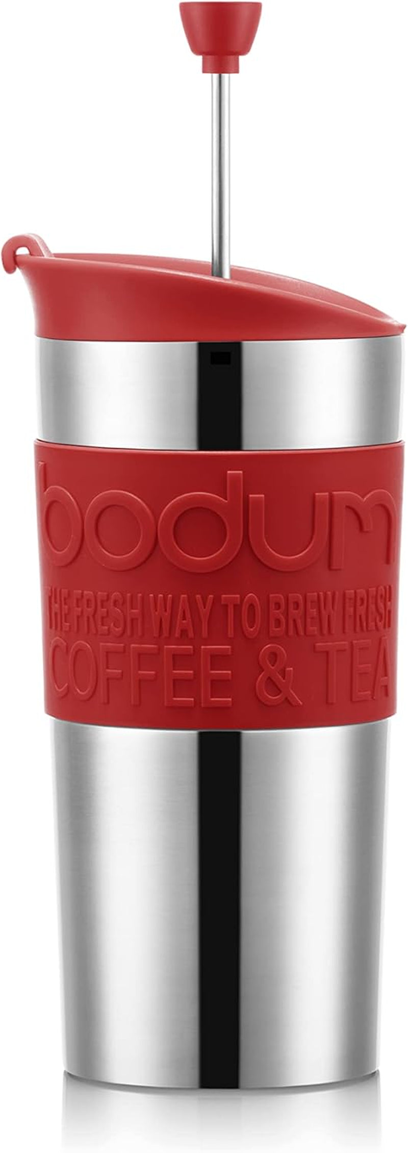 Termohrnek Bodum K11067-04 CESTOVNÍ PRESS SET, dvoustěnný, nerez, přídavné víko, 0,35 l, červený