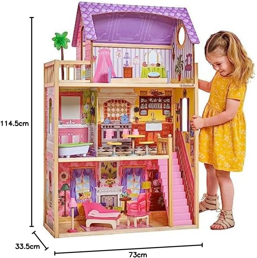 Dřevěný domeček pro panenky Kayla Kidkraft s nábytkem a doplňky, 3úrovňová herní sada pro panenky 30 cm, hračka pro 3 roky, 65092 – exkluzivně na Amazon Dollhouses Naty Shop