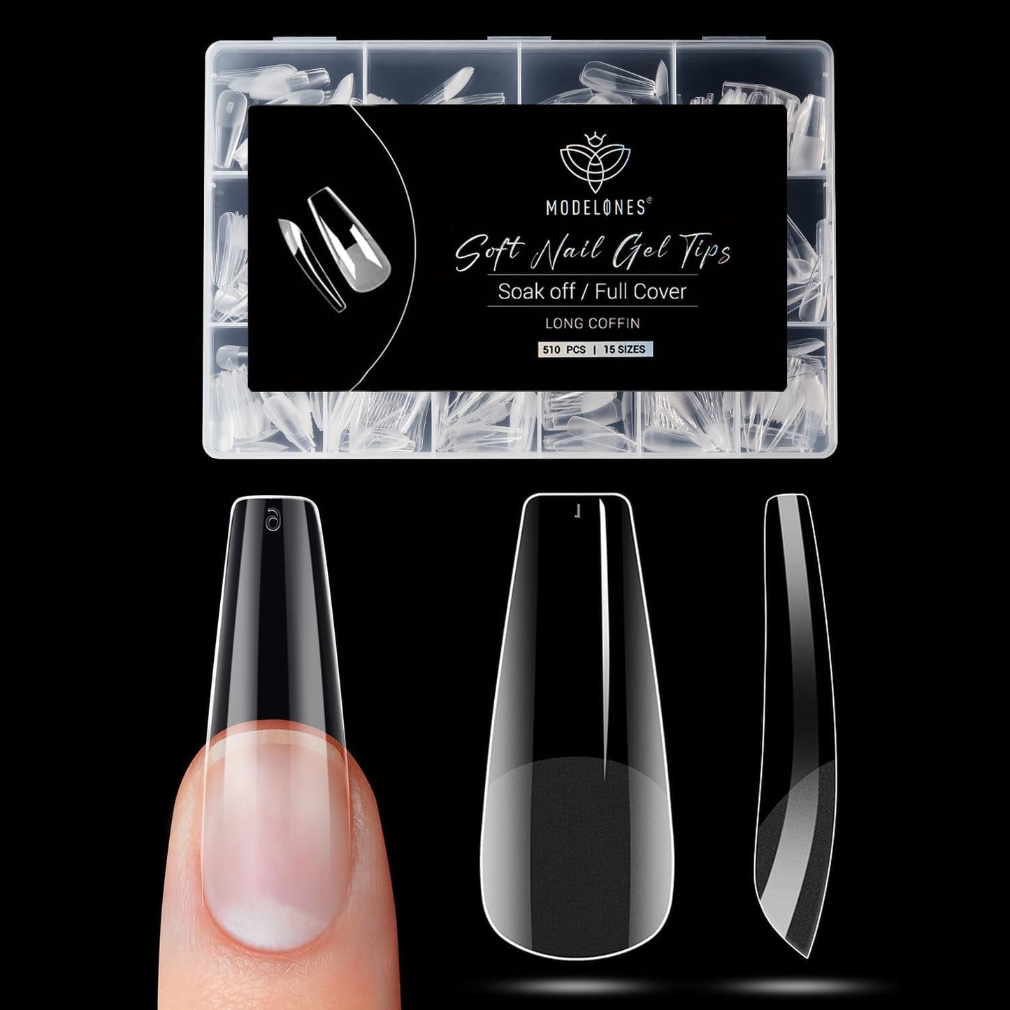 Modelones Nail Tips 510 kusů – sada nehtových špiček s úplným krytem, ​​sada gelových špiček, předleštění špiček na nehty s PMMA pryskyřicí, umělé nehty pro lepení nail art DIY, krátký squoval