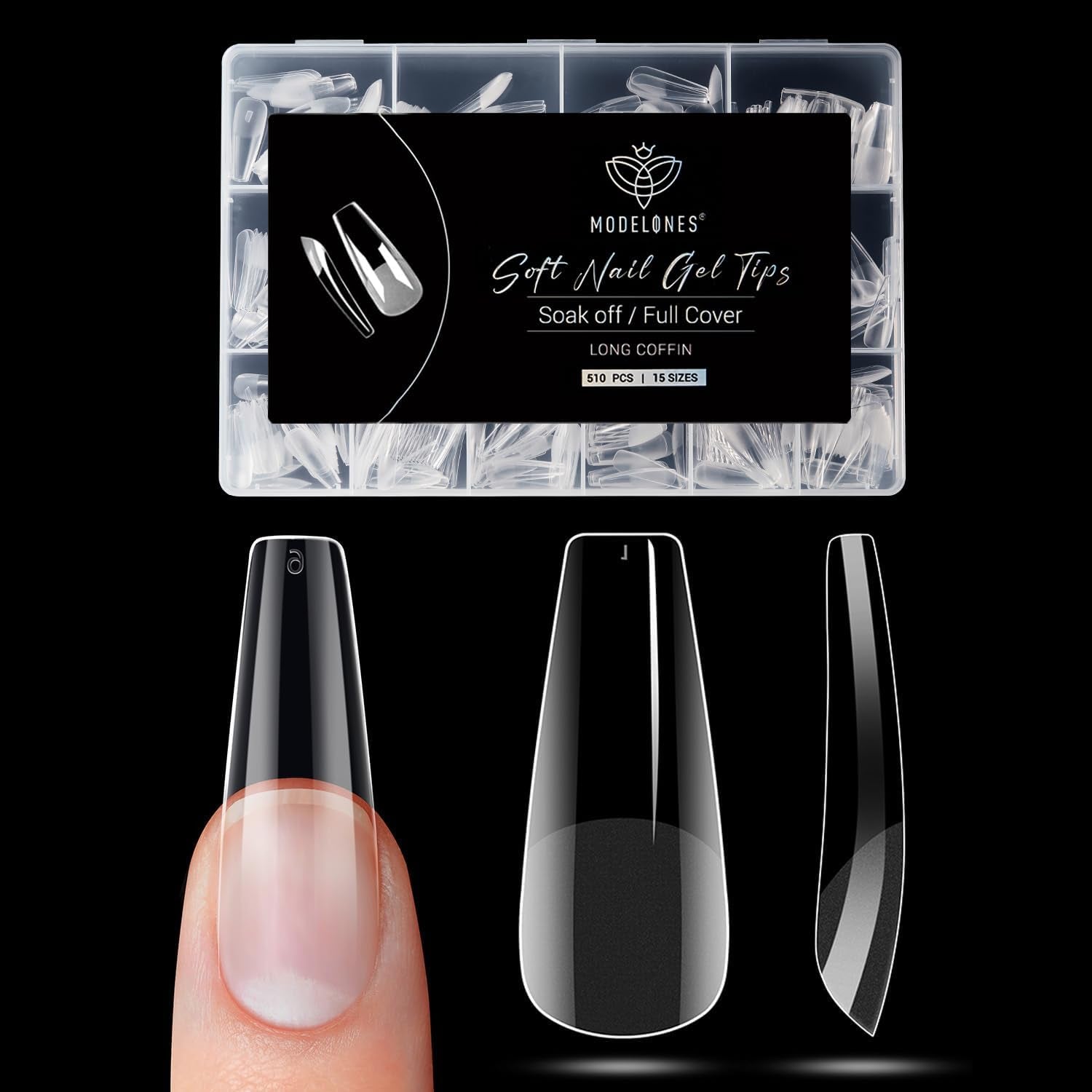 Modelones Nail Tips 510 kusů – sada nehtových špiček s úplným krytem, ​​sada gelových špiček, předleštění špiček na nehty s PMMA pryskyřicí, umělé nehty pro lepení nail art DIY, krátký squoval
