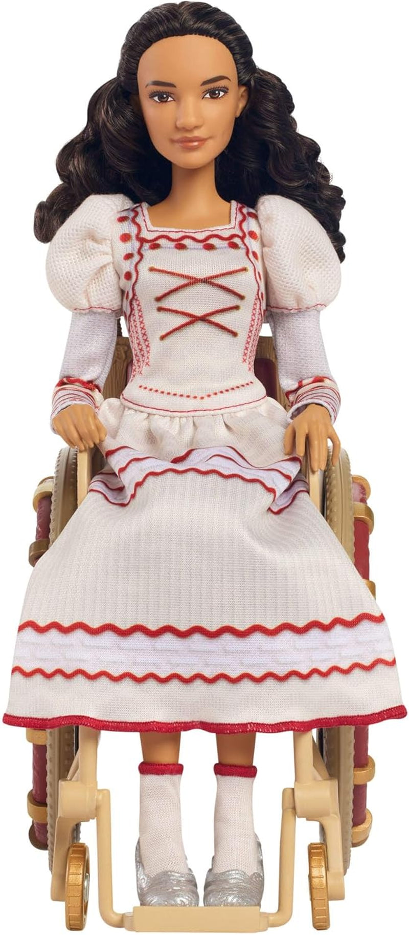 Módní panenka Mattel Wicked Nessarose a doplňky, včetně invalidního vozíku, s kudrnatými hnědými vlasy, různými pozicemi a odepínatelnými plesovými šaty, HXY36