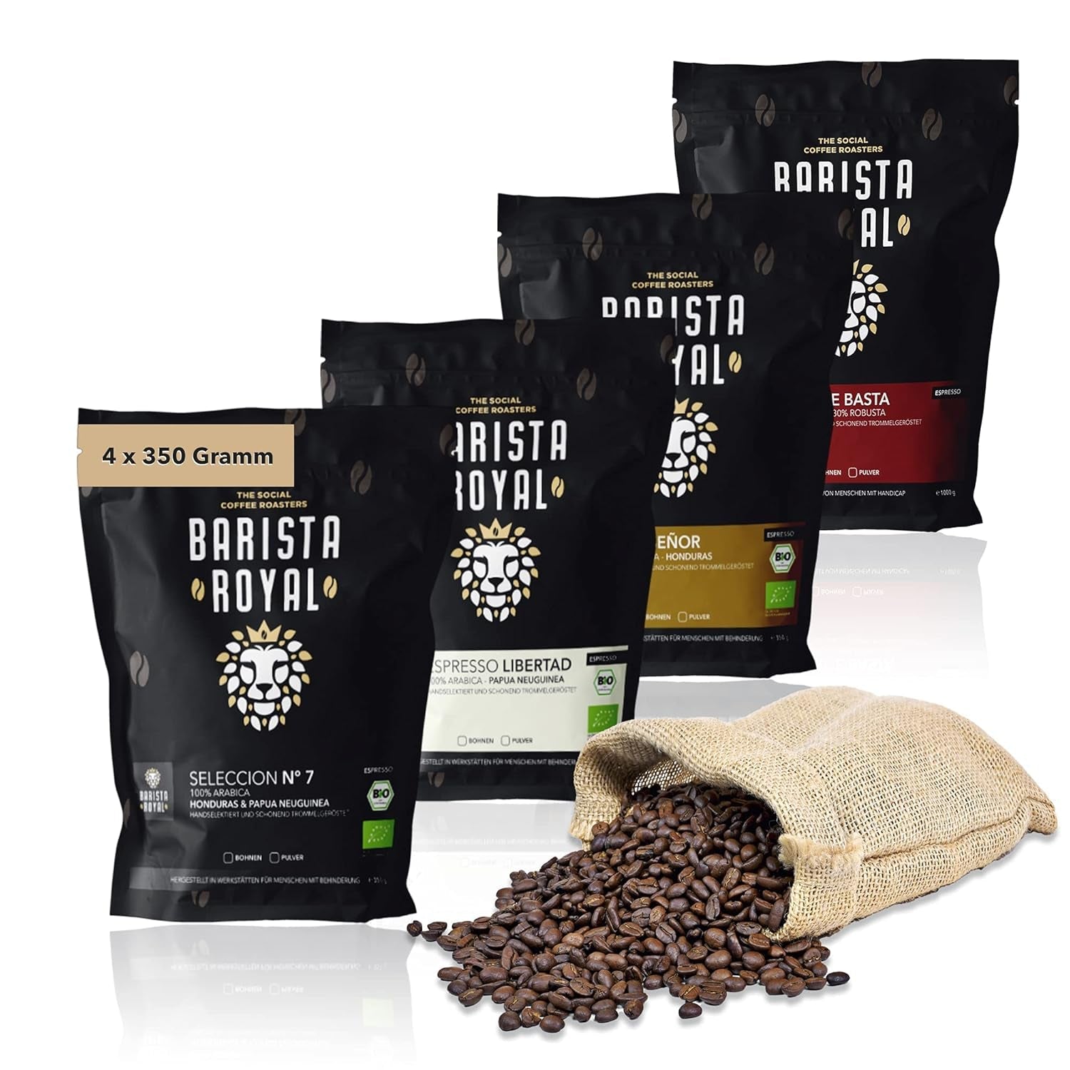 Vzorová sada zrnkových espresso 4 x 350 g zrnkové espresso | Discovery Pack/Sample Pack | Robusta a Arabica | Ideální pro plně automatická zařízení a portafiltr | KRÁLOVSKÝ BARISTA