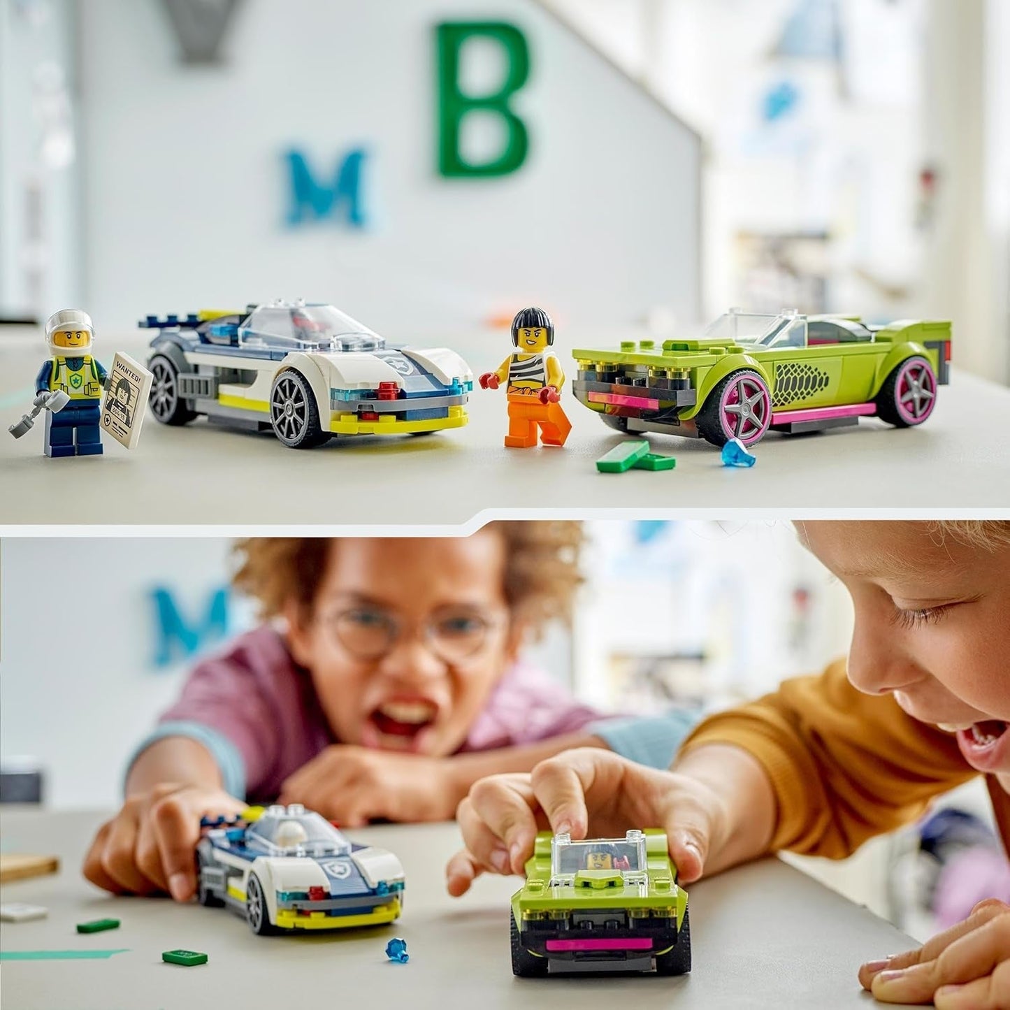 LEGO City Car Chase s policejním autem a svalovcem, vláček se 2 závodními auty, policejní dárek pro děti, chlapce a dívky od 6 let, sada s policistou a minifigurkami Ganovin 60415 Stavebnice Besuche den LEGO-Store