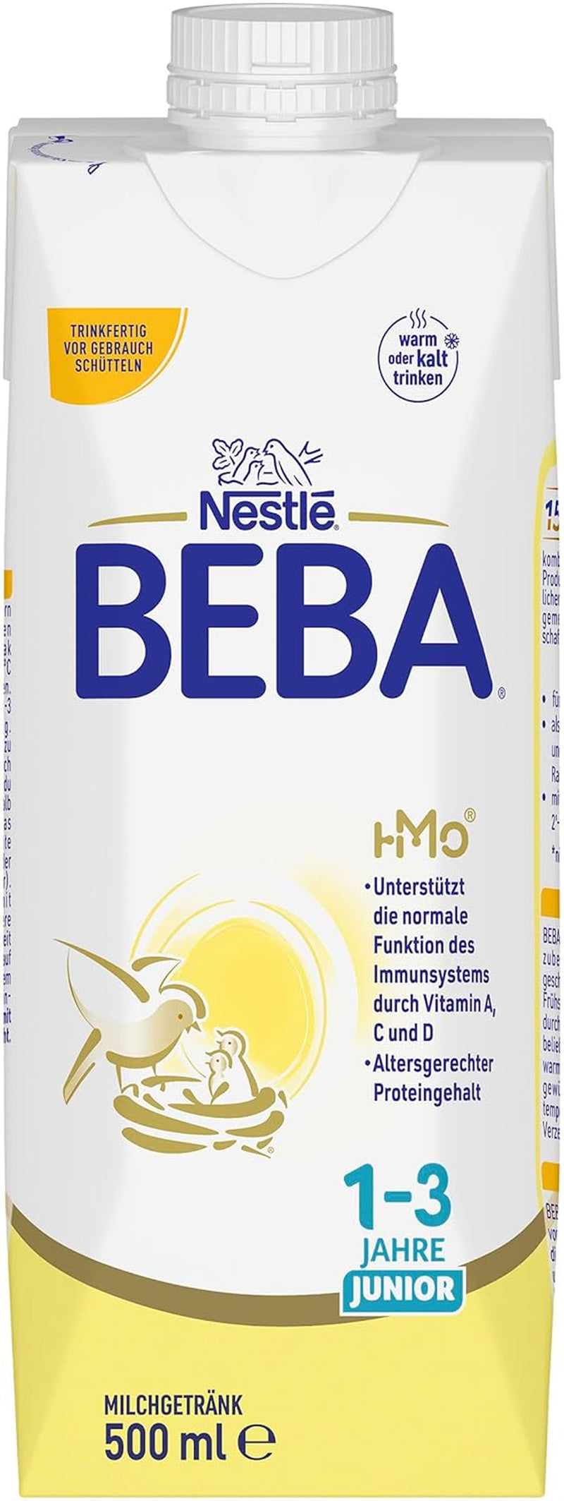 BEBA Junior hotový mléčný nápoj 1-3 roky, s HMO, obsah bílkovin odpovídající věku, bez palmového oleje, bez rybího tuku, krmivo pro batolata, balení 12 ks (12 x 500 ml)