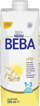 BEBA Junior hotový mléčný nápoj 1-3 roky, s HMO, obsah bílkovin odpovídající věku, bez palmového oleje, bez rybího tuku, krmivo pro batolata, balení 12 ks (12 x 500 ml)