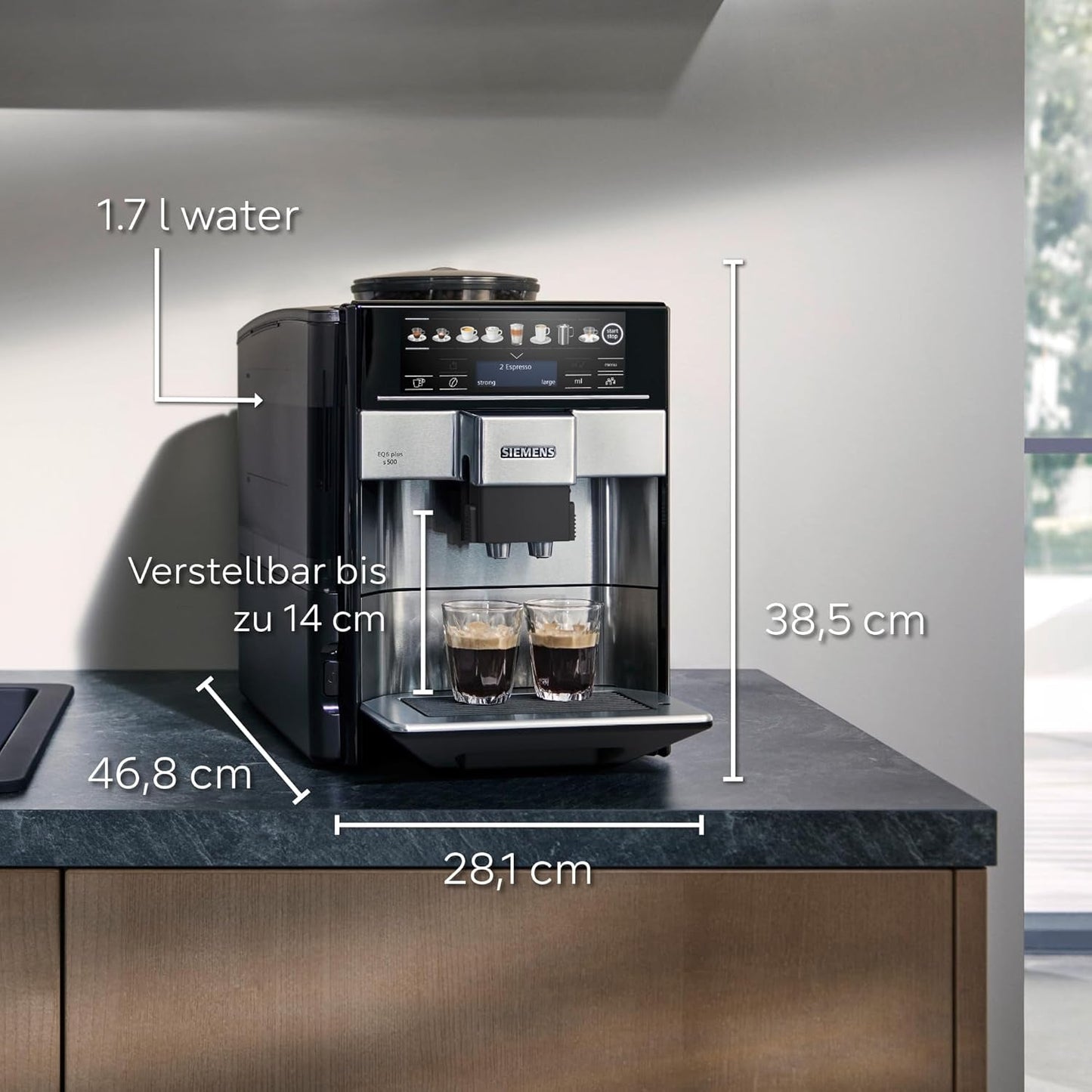 Siemens EQ.6 plus s300 automatický espresso kávovar TE653501DE, pro mnoho kávových specialit, napěňovač mléka, keramický mlýnek, dvojitá funkce kávy, proti vodnímu kameni, automatické čištění párou, 1500 W, stříbrný