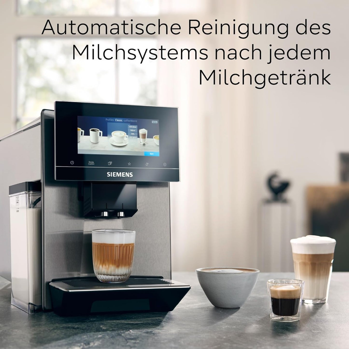 Siemens EQ900 TQ903D03 Automatický kávovar na espresso, Ovládání aplikací, Intuitivní dotykový displej, Režim Barista, AromaBoost, Redukce hluku, Prémiový mlýnek, Automatické čištění párou, 1500 W, Nerezová ocel