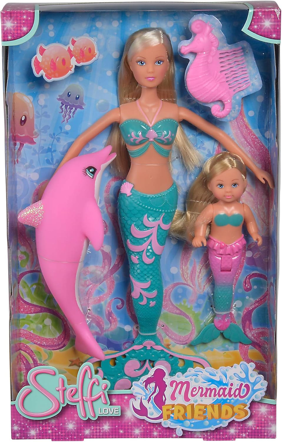 Simba 105733336 - Steffi LOVE Mermaid Friends Kouzelná panenka mořské panny se sestrou Evi, postavičkou delfína a dalšími, hračka pro děti od 3 let Naty Shop