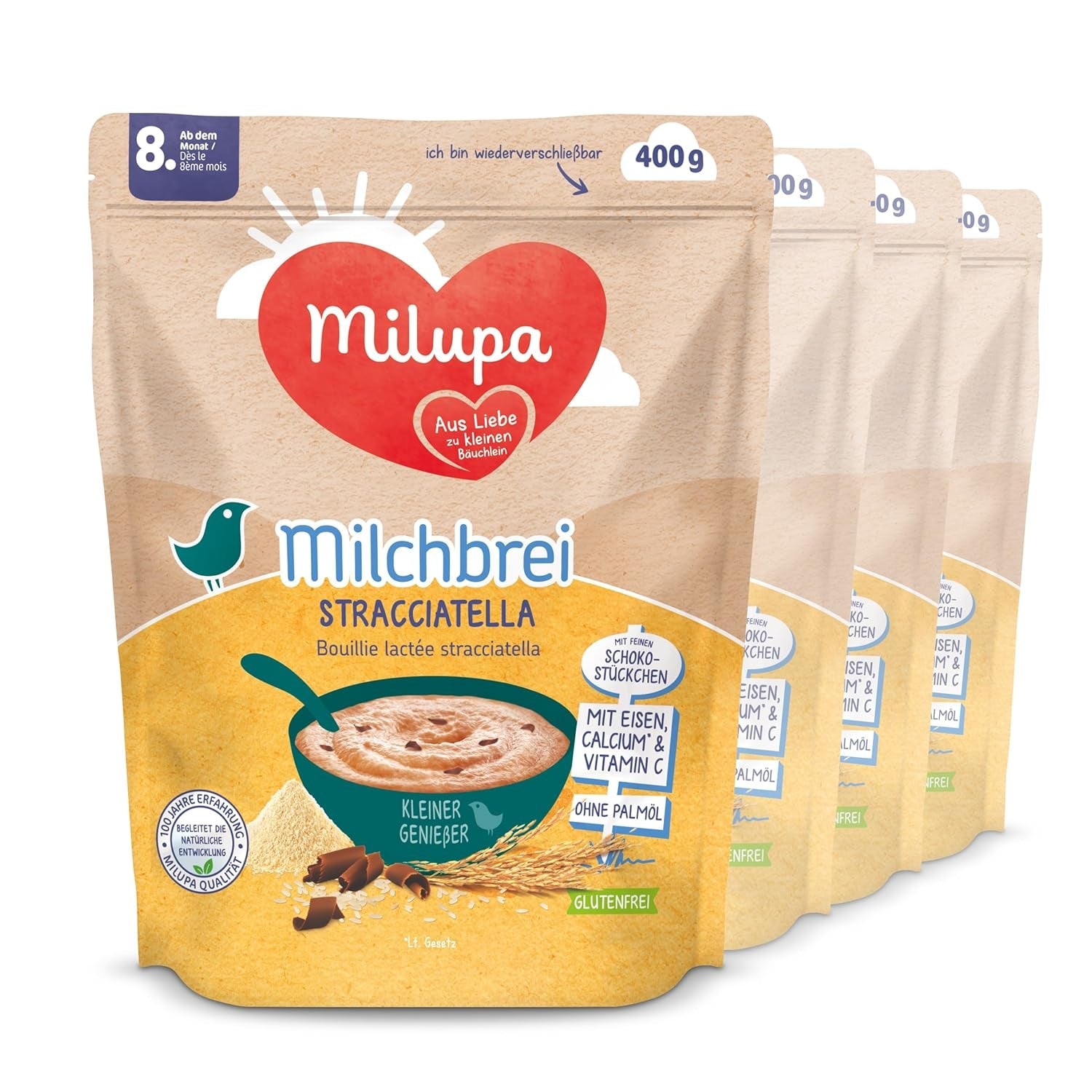 Milupa Stracciatella mléčná kaše - Dětská cereálie bez lepku a palmového oleje - Bez konzervantů a barviv - Od 8 měsíců - 4 x 400 g