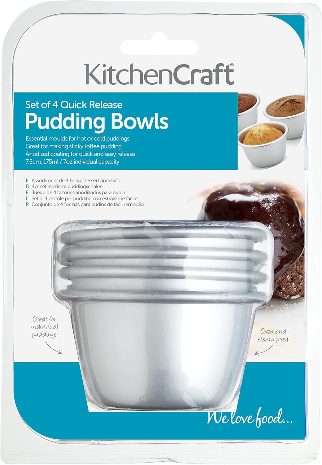 Kitchencraft Mini formičky na pudink Eloxovaný hliník 7,5 cm Sada 4 stříbrných pečicích forem a táců Naty Shop