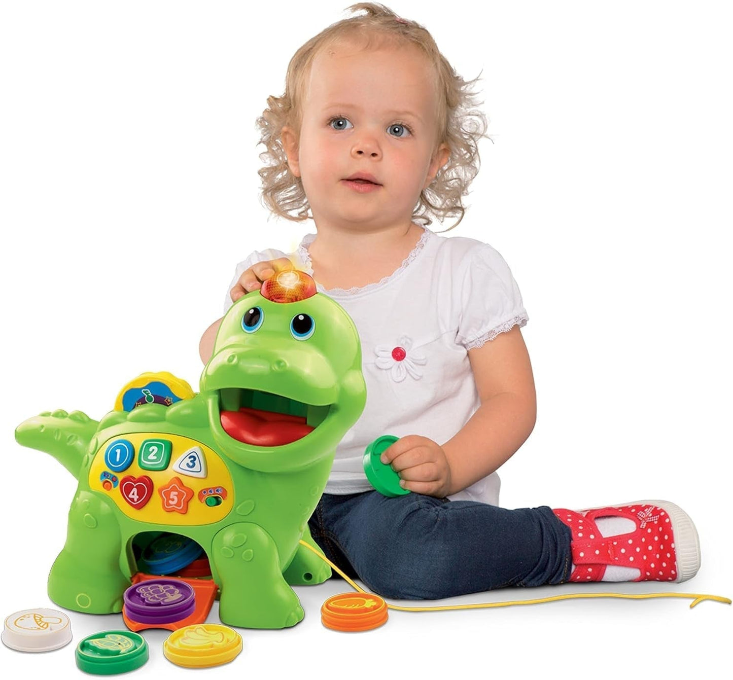 Vtech Baby Feed Me Dino - Krmení a učení Mluvící dinosaurus s písněmi, tlačítky a otázkami - Na 12-36 měsíců Hračky pro miminka Naty Shop