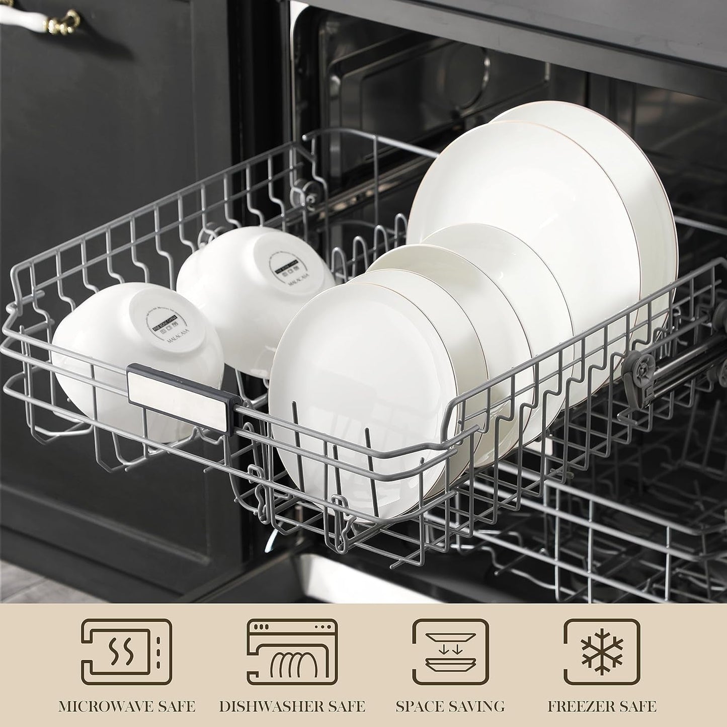 MALACASA Sada jídelního nádobí pro 4 osoby Bone China 16dílná sada nádobí Kulatý bílý se zlatým okrajem Kombinace Sada 4 talířů 4 dezertních talířů 4 talířů Suma a 4 misky na cereálie Řada NORI