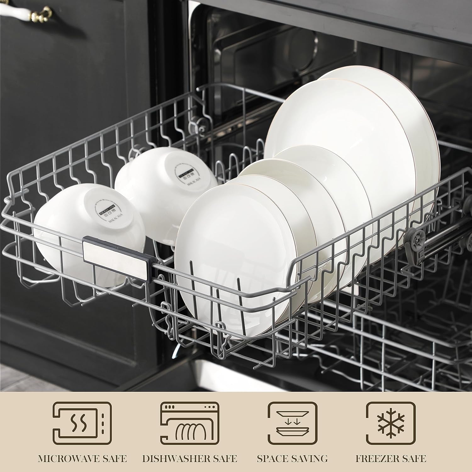 MALACASA Sada jídelního nádobí pro 4 osoby Bone China 16dílná sada nádobí Kulatý bílý se zlatým okrajem Kombinace Sada 4 talířů 4 dezertních talířů 4 talířů Suma a 4 misky na cereálie Řada NORI