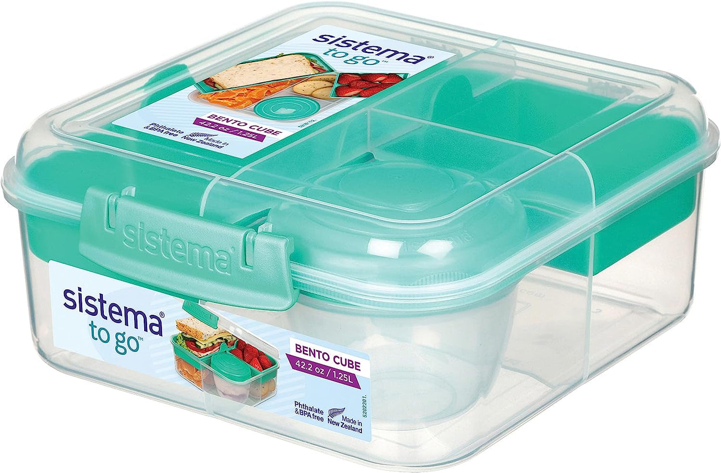 Systém obědových boxů Bento Box TO GO s přihrádkami | Box na oběd 1,25 l s nádobou na jogurt/ovoce | pro děti i dospělé l | Minty Teal bez BPA [21685-8T], mátově zelená Dózy na skladování potravin Naty Shop Mátově zelená 1,25 l