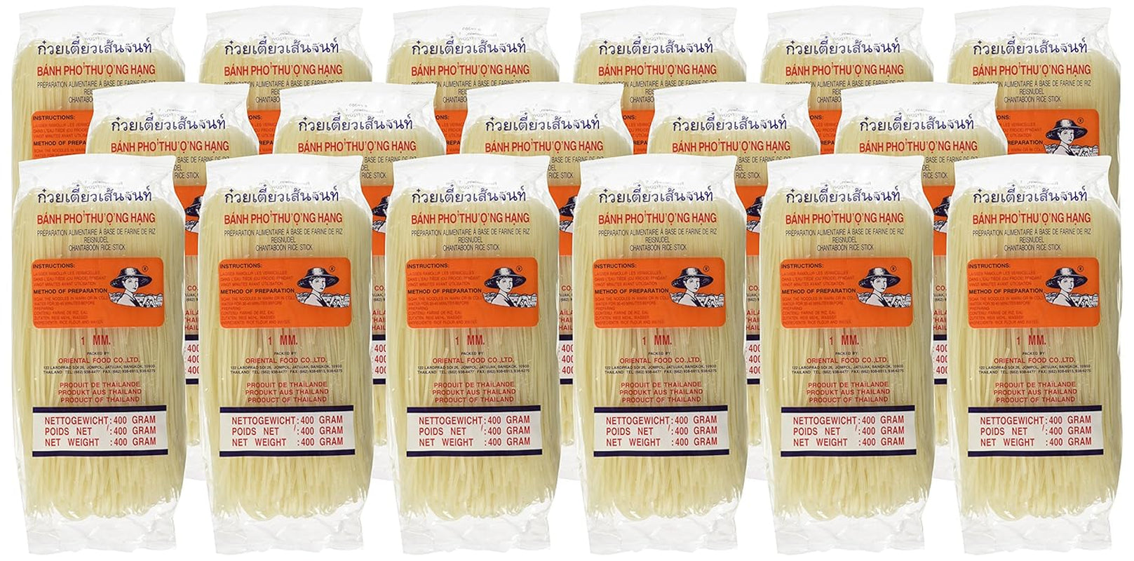 Rýžové nudle – thajské, 1 mm široké nudle z rýžové stuhy, vyrobené z rýžové mouky – 17 x 400 g