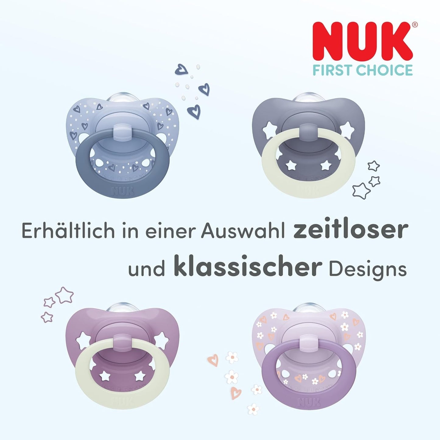 NUK First Choice Classic Day & Night dudlíky pro miminka | 6-18 měsíců | Ortodontické dudlíky, které svítí ve tmě | 95% přijetí miminky** | Modrá | Balení 2