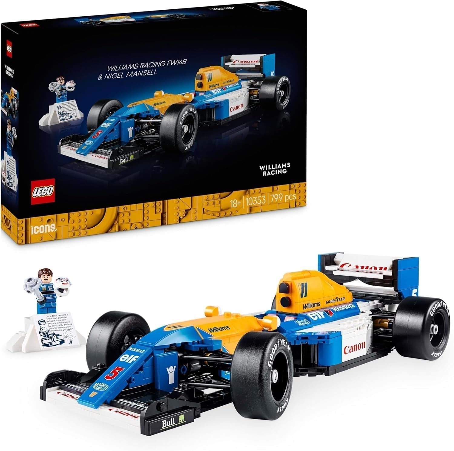 LEGO Icons Williams Racing FW14B s Nigelem Mansellem - Sada modelu auta F1 s minifigurkami závodního jezdce Sběratelství - Dekorace na stůl se stojanem - Dárek pro dospělé a dospívající fanoušky motoristického sportu 10353 Stavebnic Besuche den LEGO-Store Výchozí název