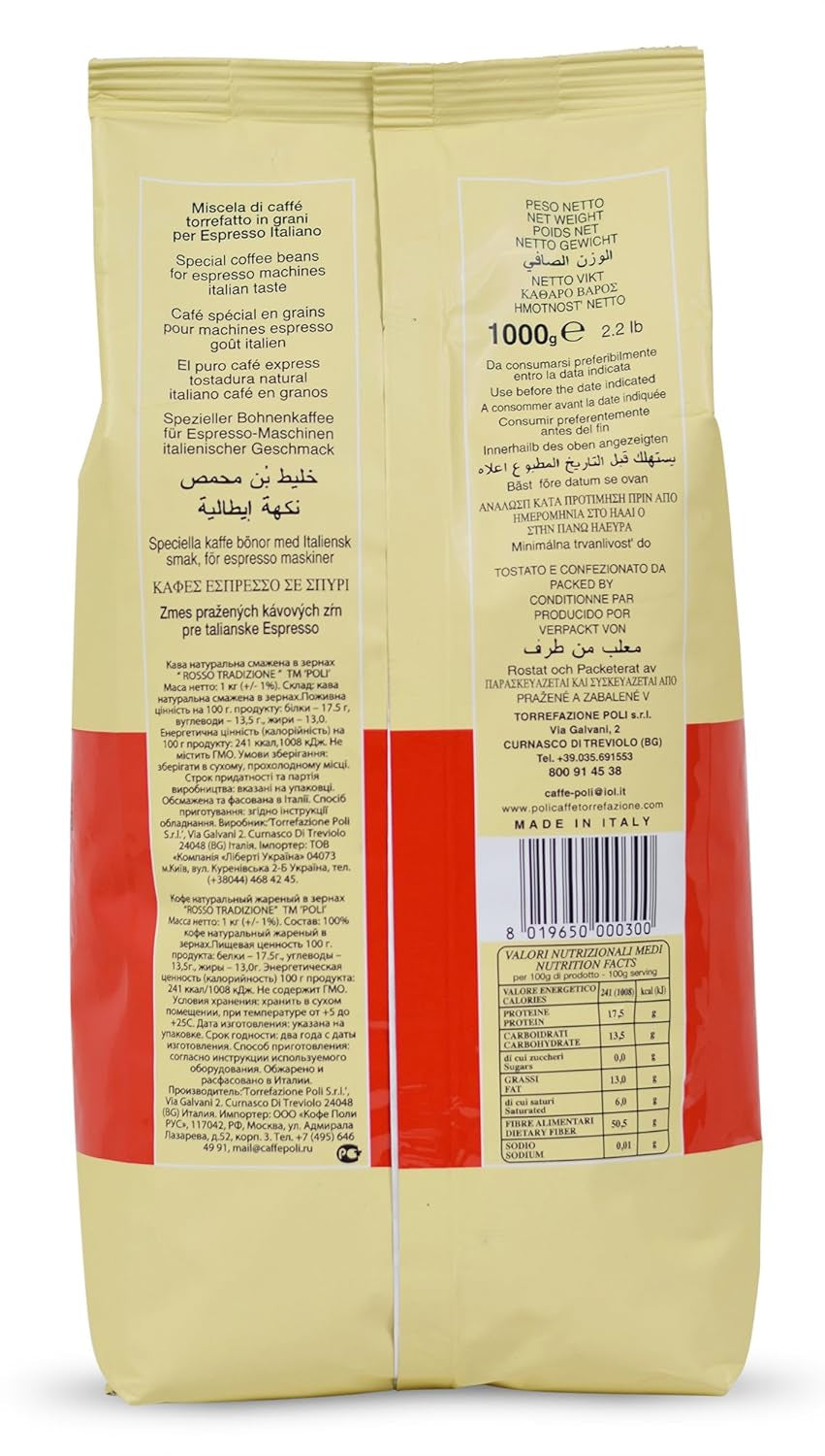 Caffè Poli Rosso | Tradiční espresso | Italienische Espressobohnen | Ideální pro Kaffeevollautomaten, Siebträger a Espressomashinen | 1 x 1 kg