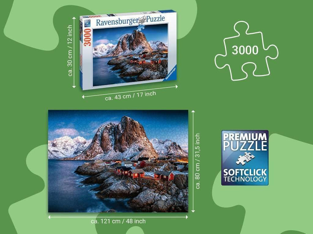 Ravensburger Puzzle 17081 - Hamnoy, Lofoty - 3000 dílkové puzzle pro dospělé a děti od 14 let, Norsko puzzle na šířku Puzzle Naty Shop
