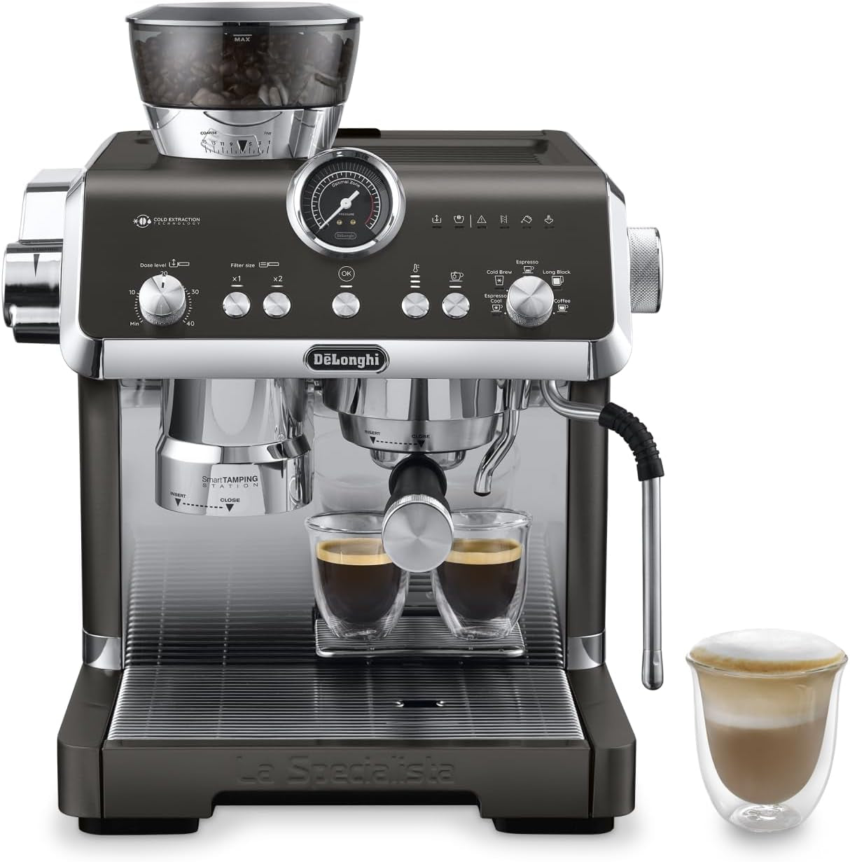 Portafiltrační espresso kávovar De'Longhi La Specialista Arte EC9155.MB s mlýnkem, 8 nastavení mletí, tlak 15 barů, 3 nastavení teploty, napěňovač mléka, 1550 W, nádrž 1,7 l, nerez/černá, včetně baristické sady