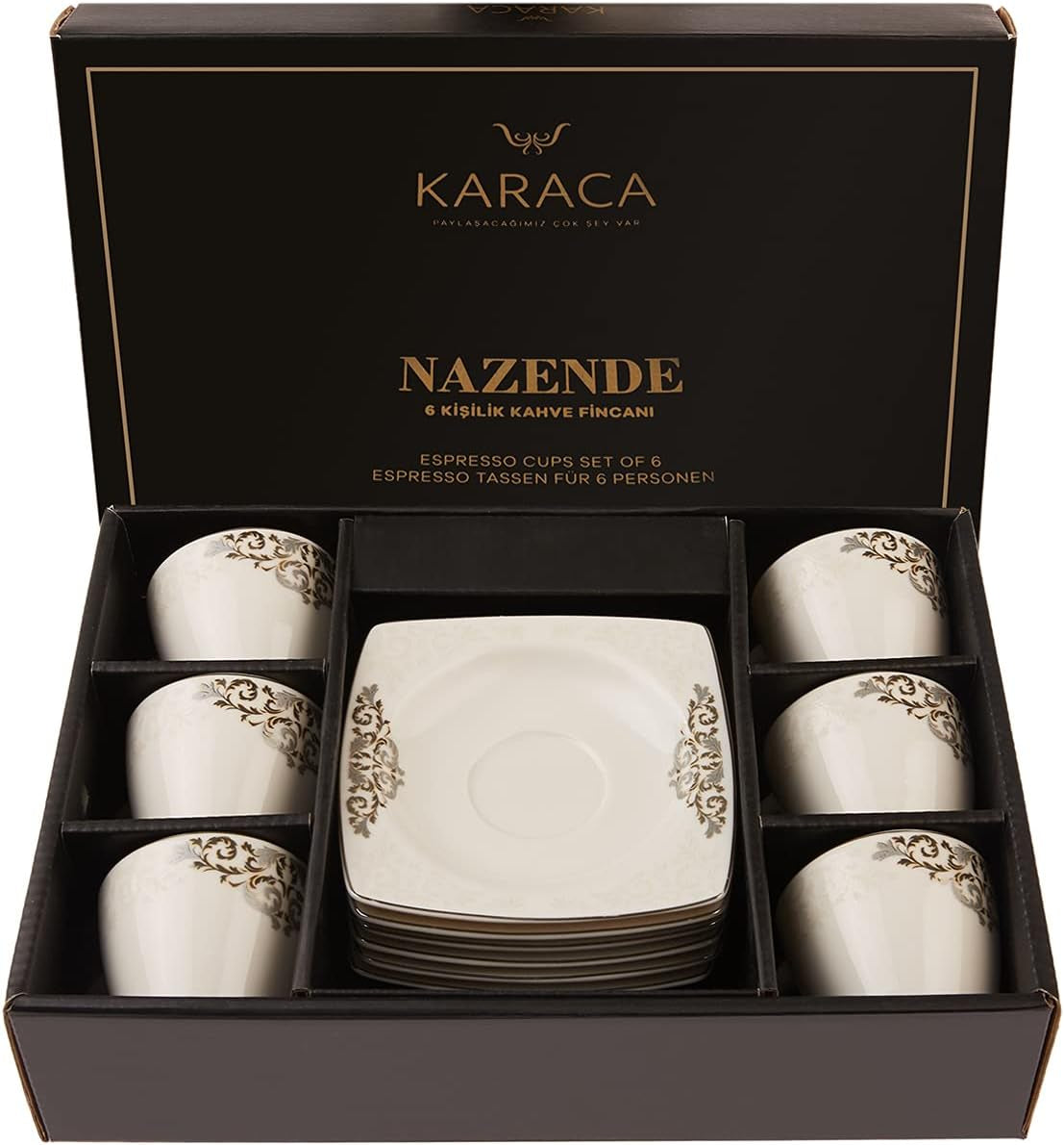 Sada porcelánových šálků na espresso KARACA Nazende - 80 ml turecké šálky na kávu s podšálky, 12dílný moderní kávový servis se 6 šálky a 6 podšálky, mocha šálky - bílá