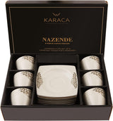 Sada porcelánových šálků na espresso KARACA Nazende - 80 ml turecké šálky na kávu s podšálky, 12dílný moderní kávový servis se 6 šálky a 6 podšálky, mocha šálky - bílá